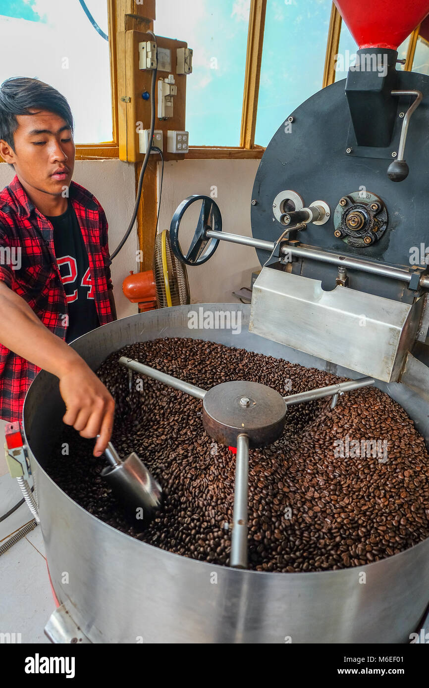 Pyin Oo Lwin, Myanmar - 10 giugno 2017. Lavoratori birmani la tostatura i chicchi di caffè Foto Stock