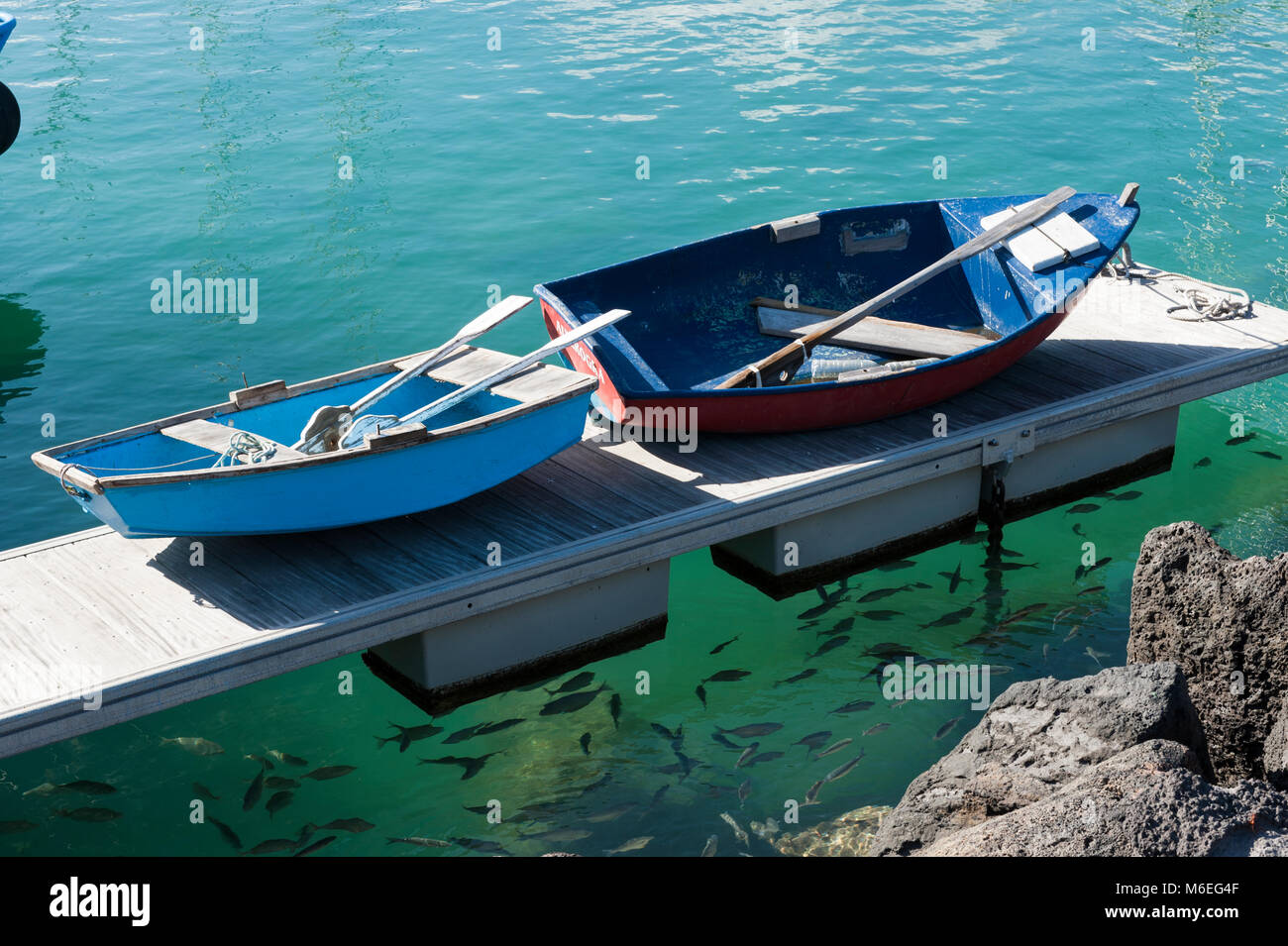 Barche a remi su un molo nel porto di Corralejo Foto Stock