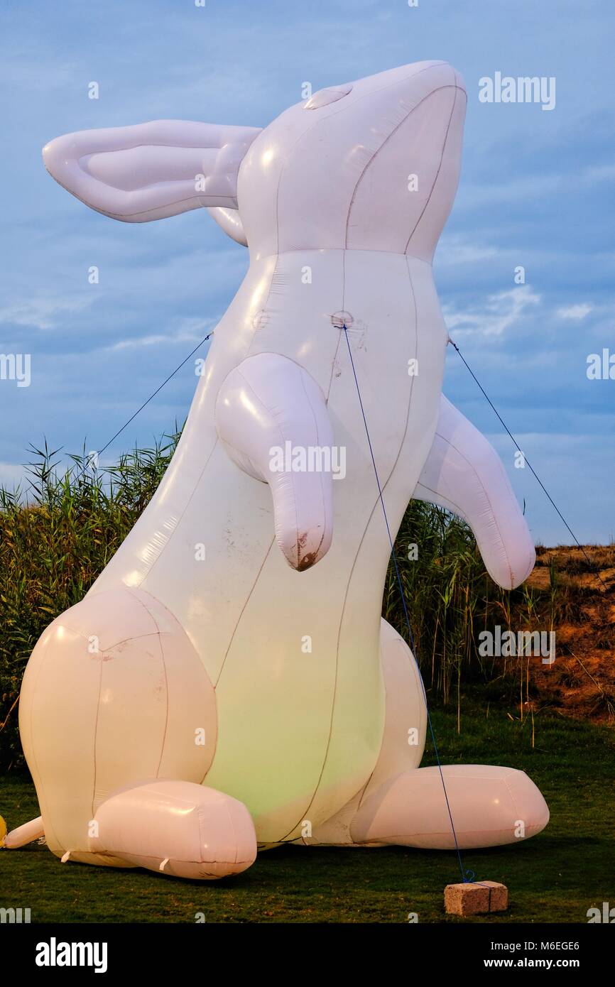 Gigantesco coniglio bianco urlando a notte , legati con funi Foto Stock