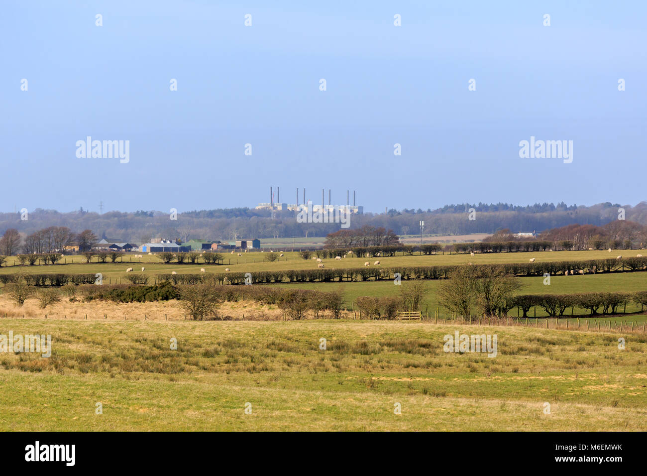 Vista su terreni agricoli scozzese con un alimentatore ridondante in stazione la distanza Foto Stock