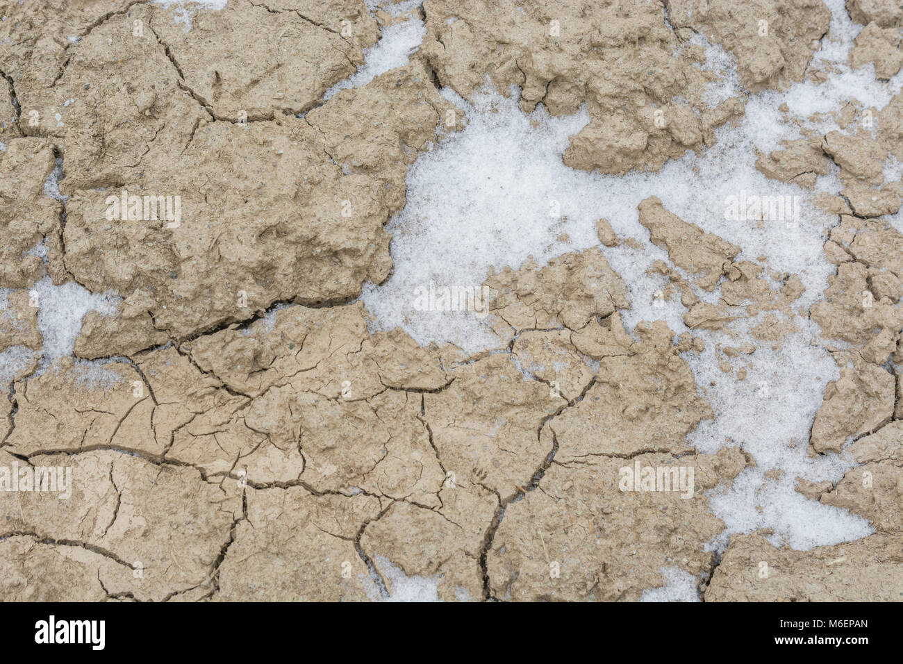 A SECCO massa congelata in un campo con una spolverata di neve tasche di riempimento entro il fango. Durante il 2018 'Bestia da est' inverno freddo snap. Foto Stock