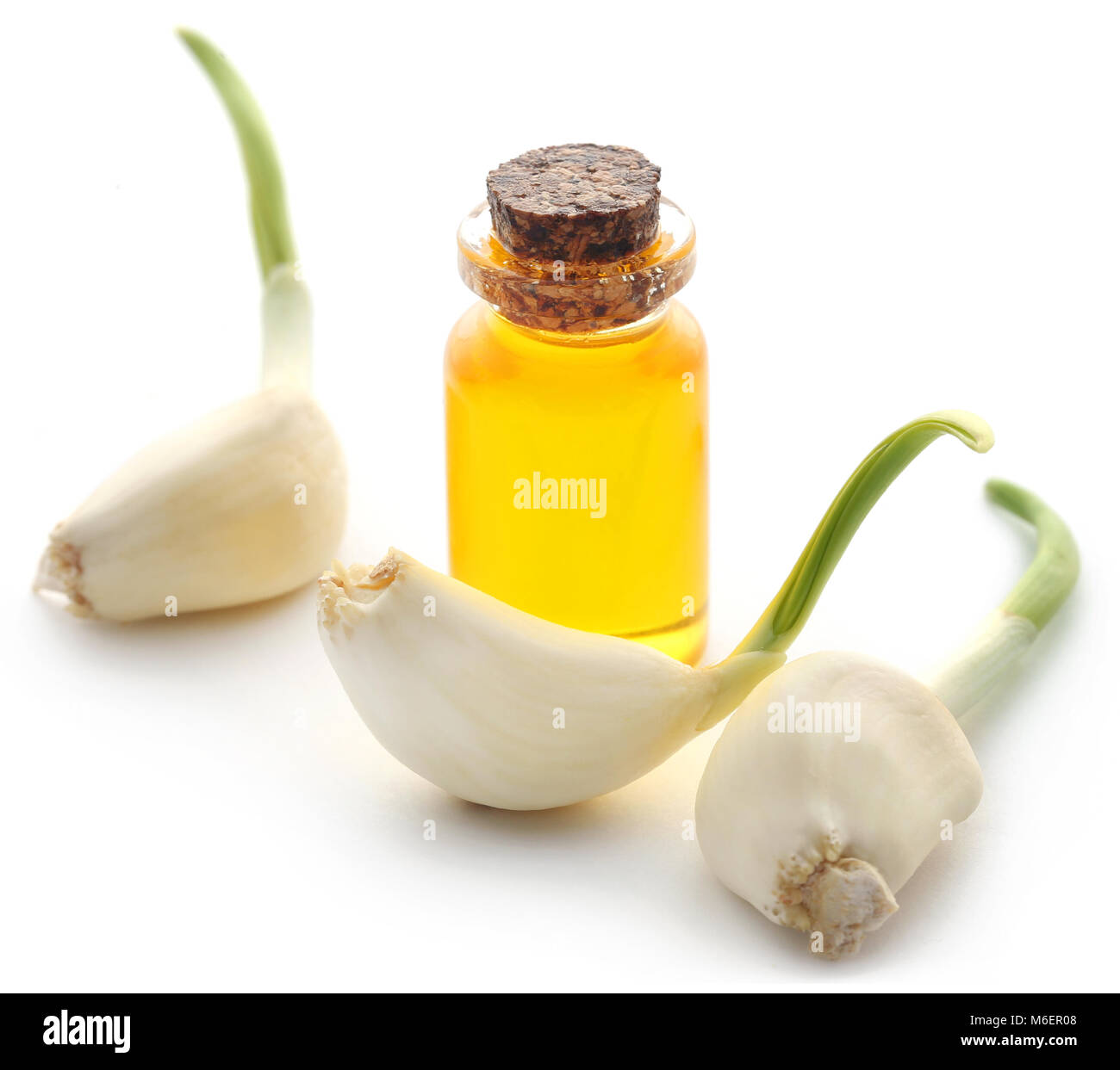 Aglio e olio essenziale in una bottiglia su sfondo bianco Foto Stock