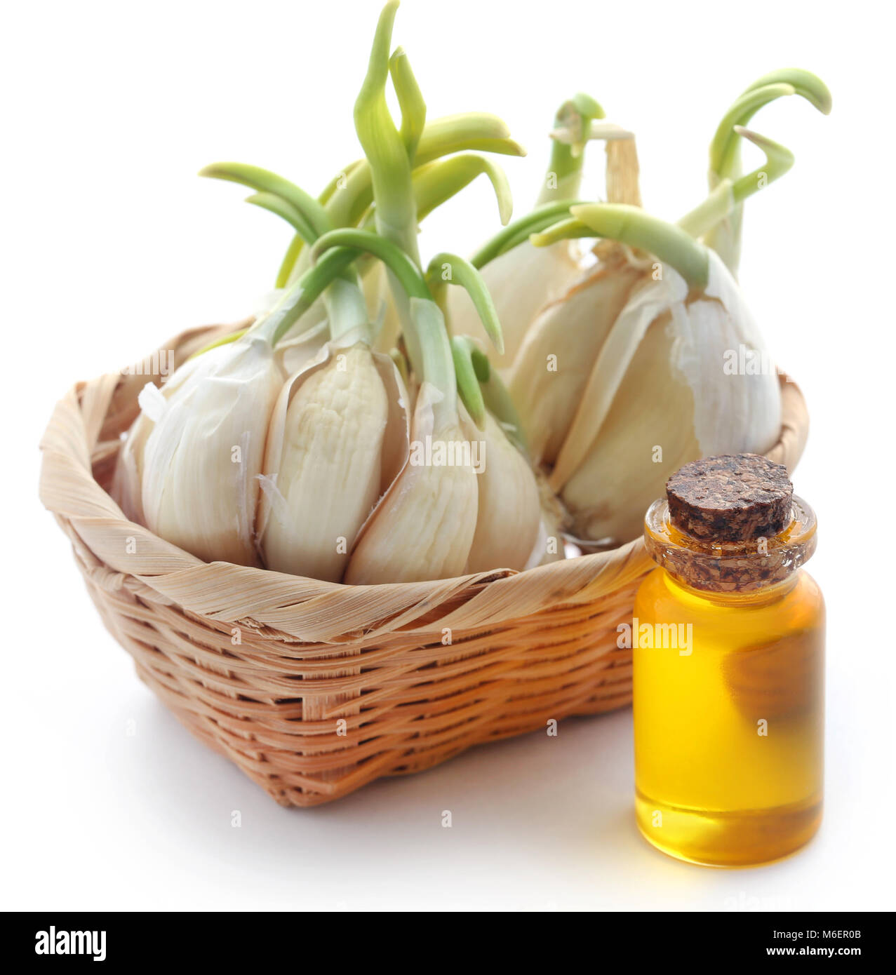 Aglio e olio essenziale in una bottiglia su sfondo bianco Foto Stock