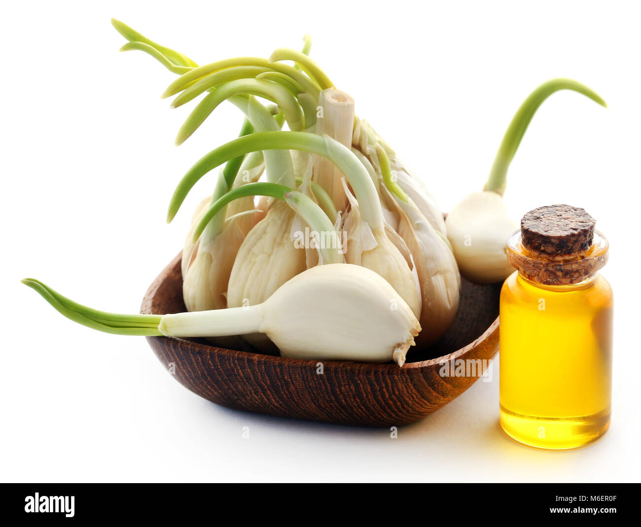 Aglio e olio essenziale in una bottiglia su sfondo bianco Foto Stock