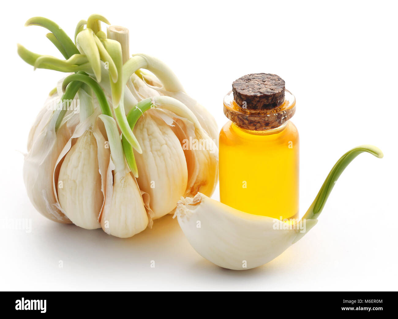 Aglio e olio essenziale in una bottiglia su sfondo bianco Foto Stock
