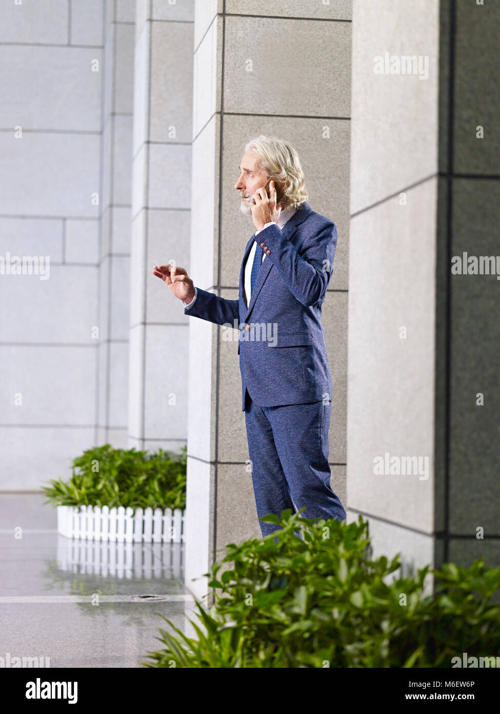 Caucasica corporate senior executive in piedi nella lobby dell edificio moderno parlando al telefono cellulare. Foto Stock