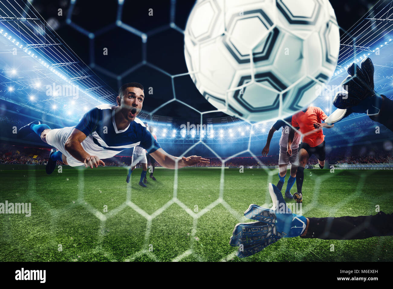 Scena di calcio con concorrenti i giocatori di calcio allo stadio. Il rendering 3D Foto Stock