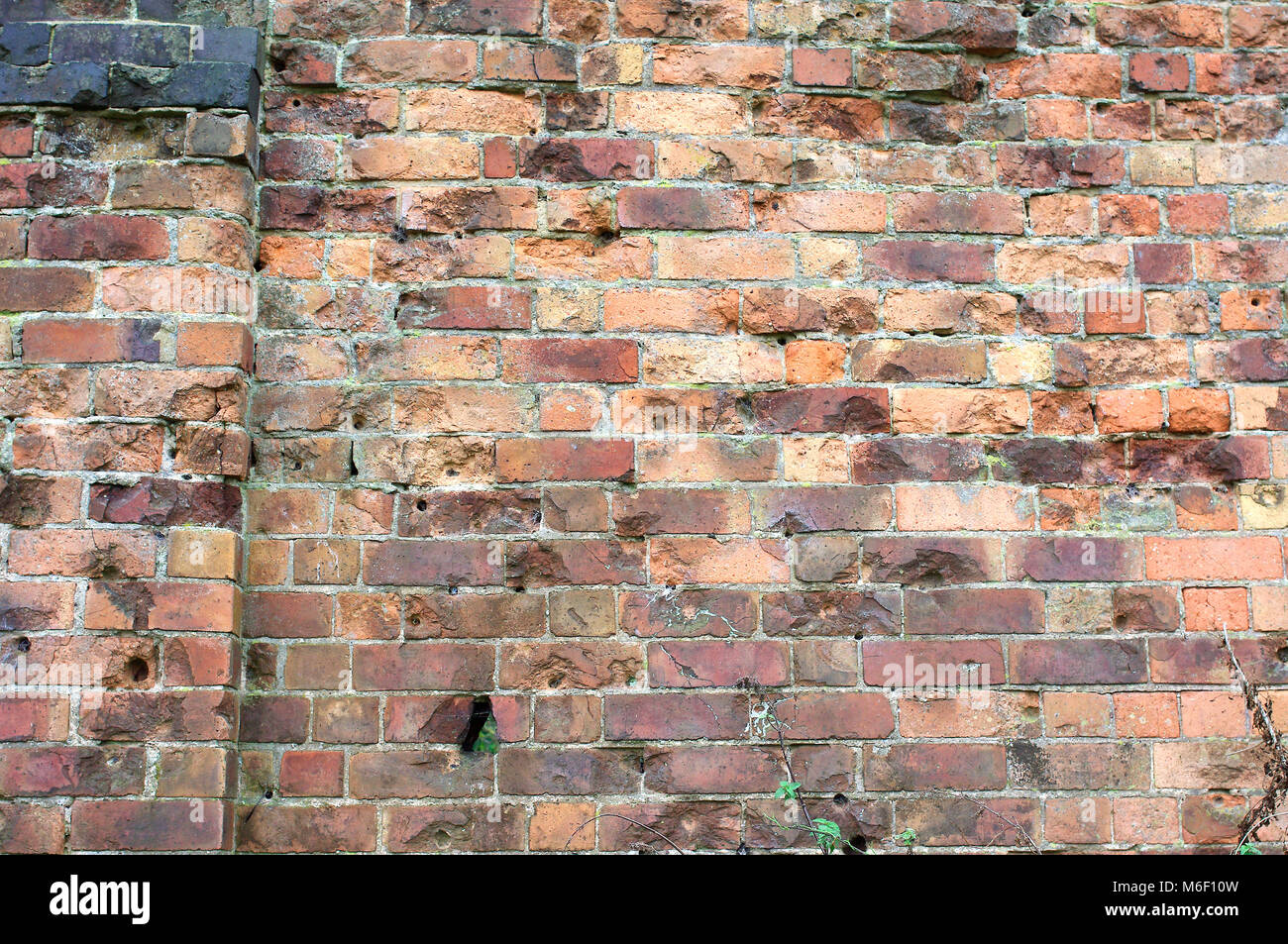 Fori di proiettile in una WW2 poligono di tiro muro di mattoni Foto Stock