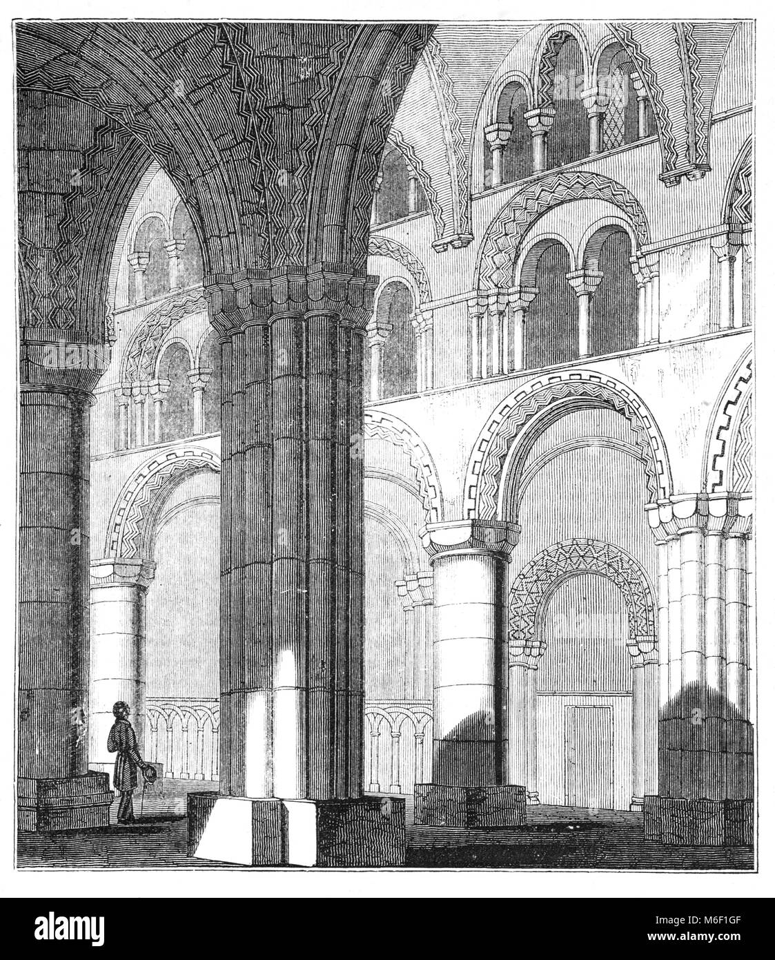 La navata del romanico normanno La cattedrale di Durham, la casa del santuario di St Cuthbert. La presente cattedrale della città di Durham, Inghilterra, sostituito il decimo secolo "Chiesa bianca", costruito come parte di una fondazione monastica per alloggiare il santuario di San Cutberto di Lindisfarne. Foto Stock