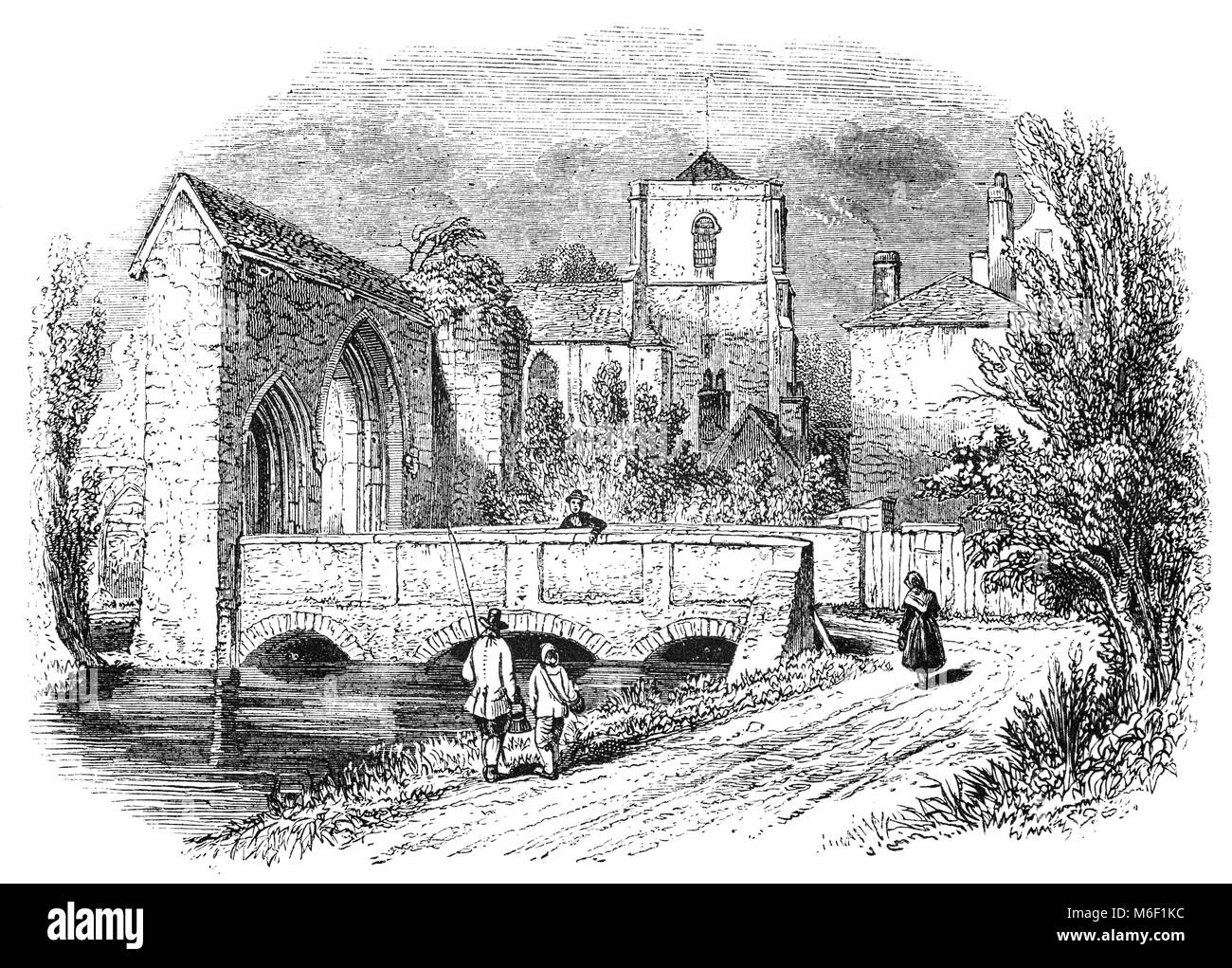 Chiesa dell'abbazia di Waltham Santa Croce e San Lorenzo attraverso il fiume Lea nella città di Waltham Abbey Essex, Inghilterra. L'edificio attuale risale principalmente dall'inizio del XII secolo ed è un esempio di architettura normanna. Edifici monastici e quelle parti della chiesa a est di attraversamento sono state abbattute alla dissoluzione e il Normanno attraversando Torre e transetti crollato nel 1553. La chiesa attuale è costituita della navata del normanno chiesa abbaziale, la trecentesca cappella dedicata alla Vergine e la parete ovest e la cinquecentesca torre ovest, aggiunto dopo la dissoluzione. Foto Stock