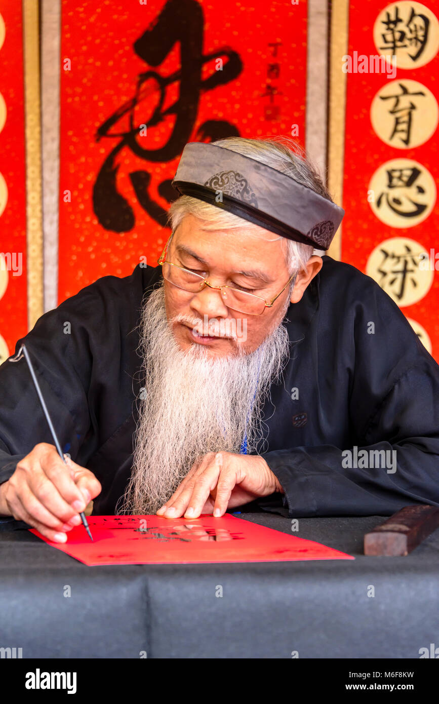 Un anziano uomo vietnamita con una lunga barba bianca utilizza un pennello per disegnare i caratteri cinesi calligraphy ad Hanoi, Vietnam Foto Stock