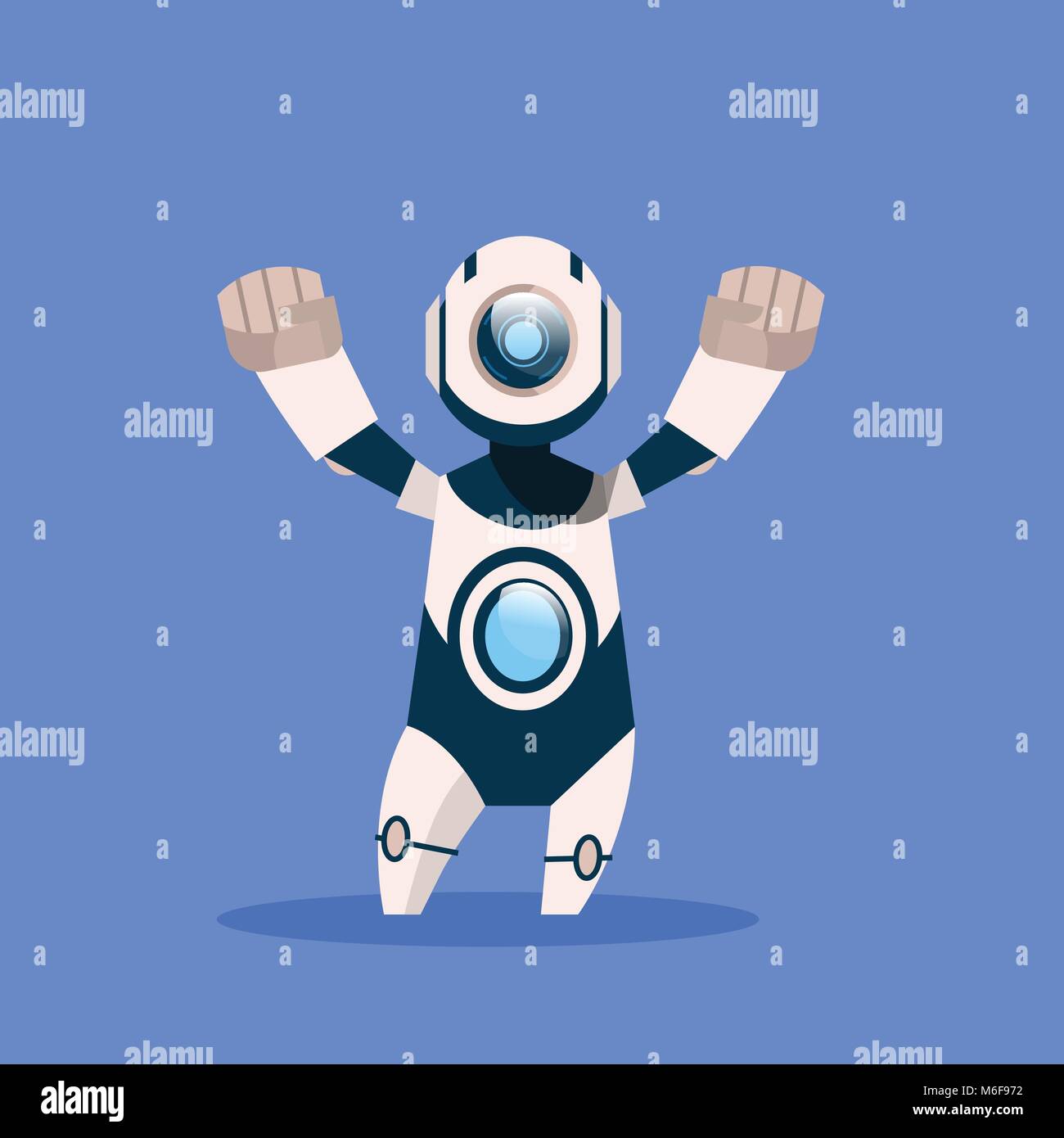 Robot allegra e cordiale isolato su sfondo blu moderno concetto di intelligenza artificiale Technology Illustrazione Vettoriale
