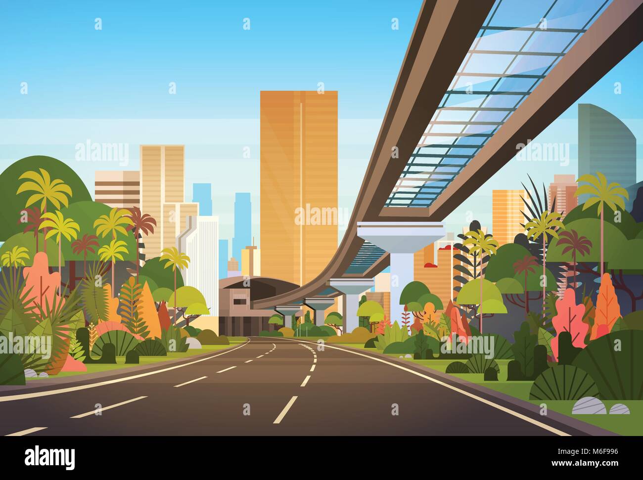 Autostrada Strada per skyline della città con moderni grattacieli e ferrovia Cityscape View Illustrazione Vettoriale
