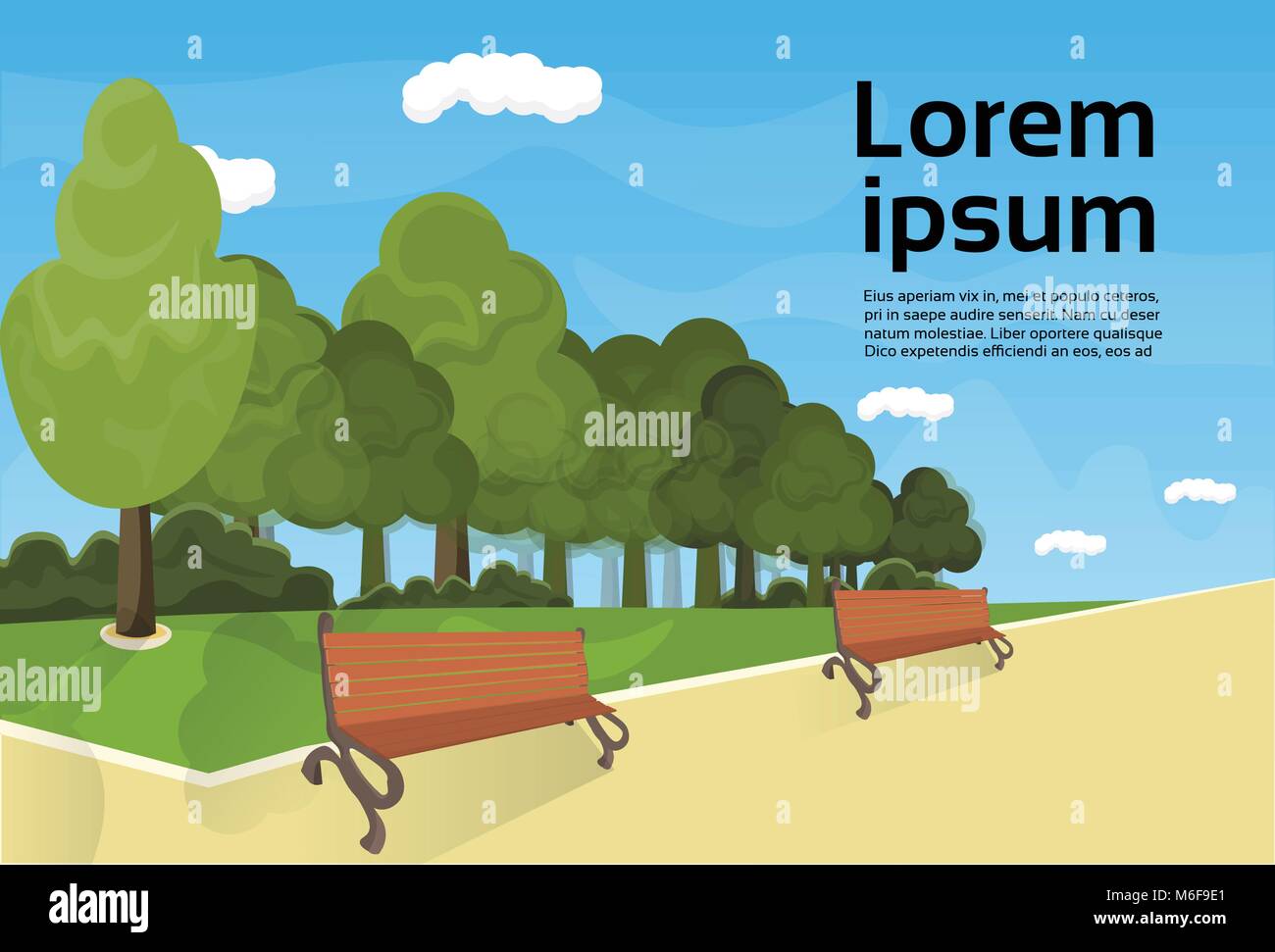 City Park panca in legno, prato verde e alberi su sfondo del modello Illustrazione Vettoriale