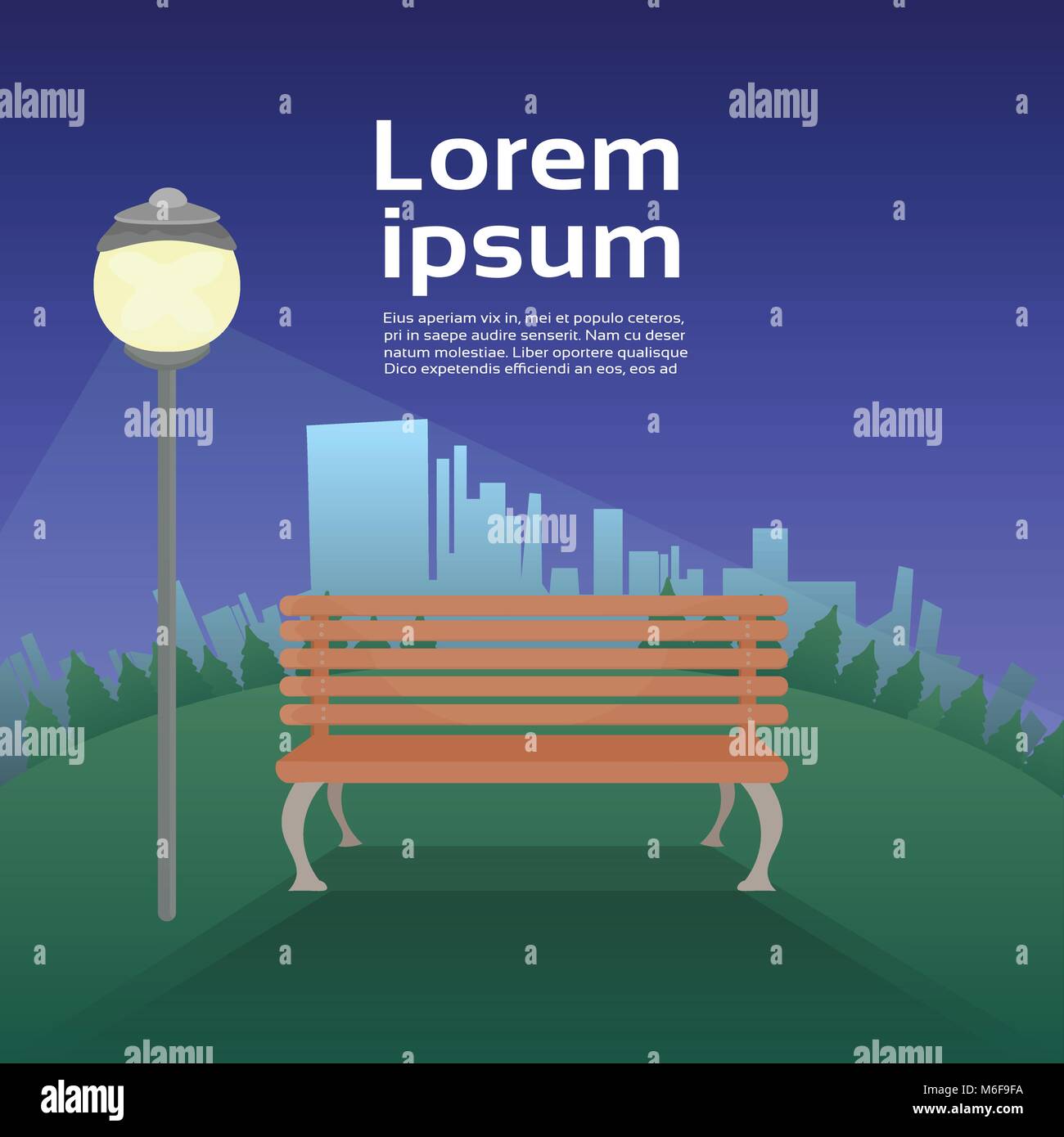 Parco urbano in serata panca di legno sotto la lanterna su edifici della città sullo sfondo del modello Illustrazione Vettoriale