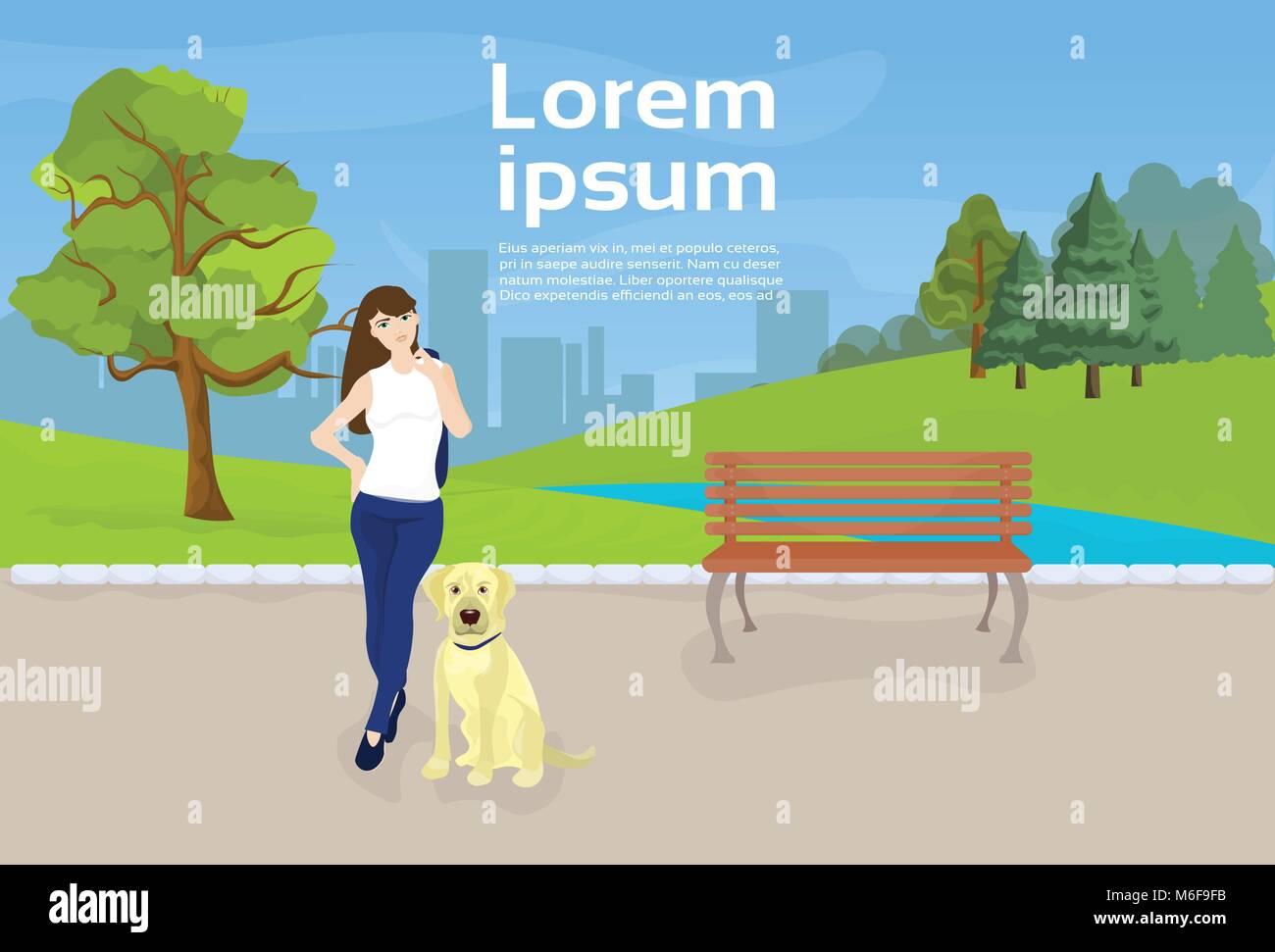 Ragazza camminare con il cane nel parco urbano oltre il fiume o lago su edifici della città sullo sfondo del modello Illustrazione Vettoriale