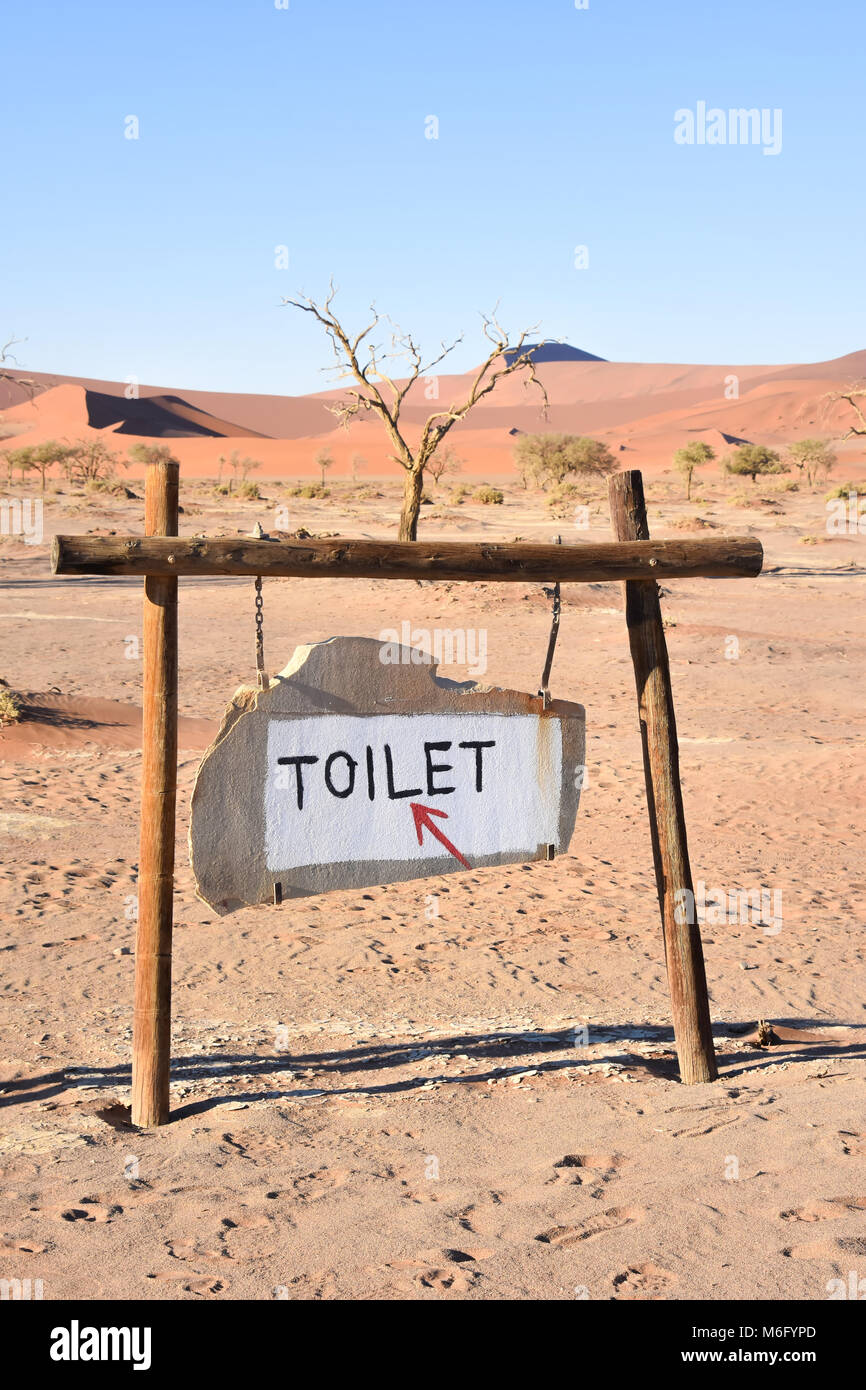 Un segno di wc vicino alle famose dune di sabbia del Parco Namib-Naukluft area in Namibia Africa australe Foto Stock