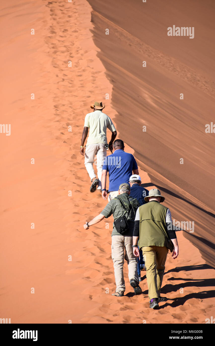 I turisti escursioni a piedi in salita il famoso le dune di sabbia del Parco Namib-Naukluft area in Namibia Africa australe Foto Stock