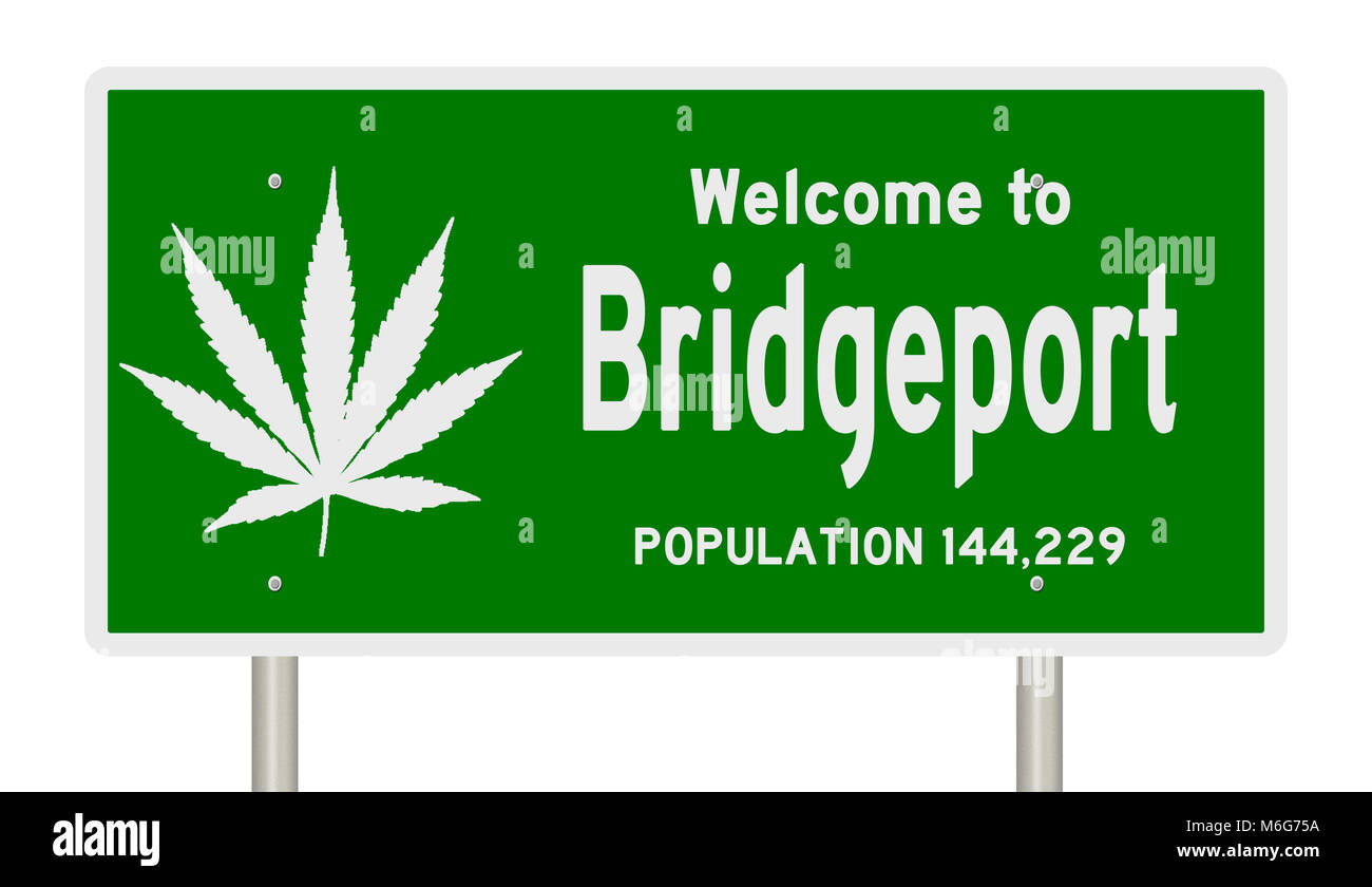 Il rendering di un verde autostrada segno con foglia di marijuana per Bridgeport Connecticut Foto Stock