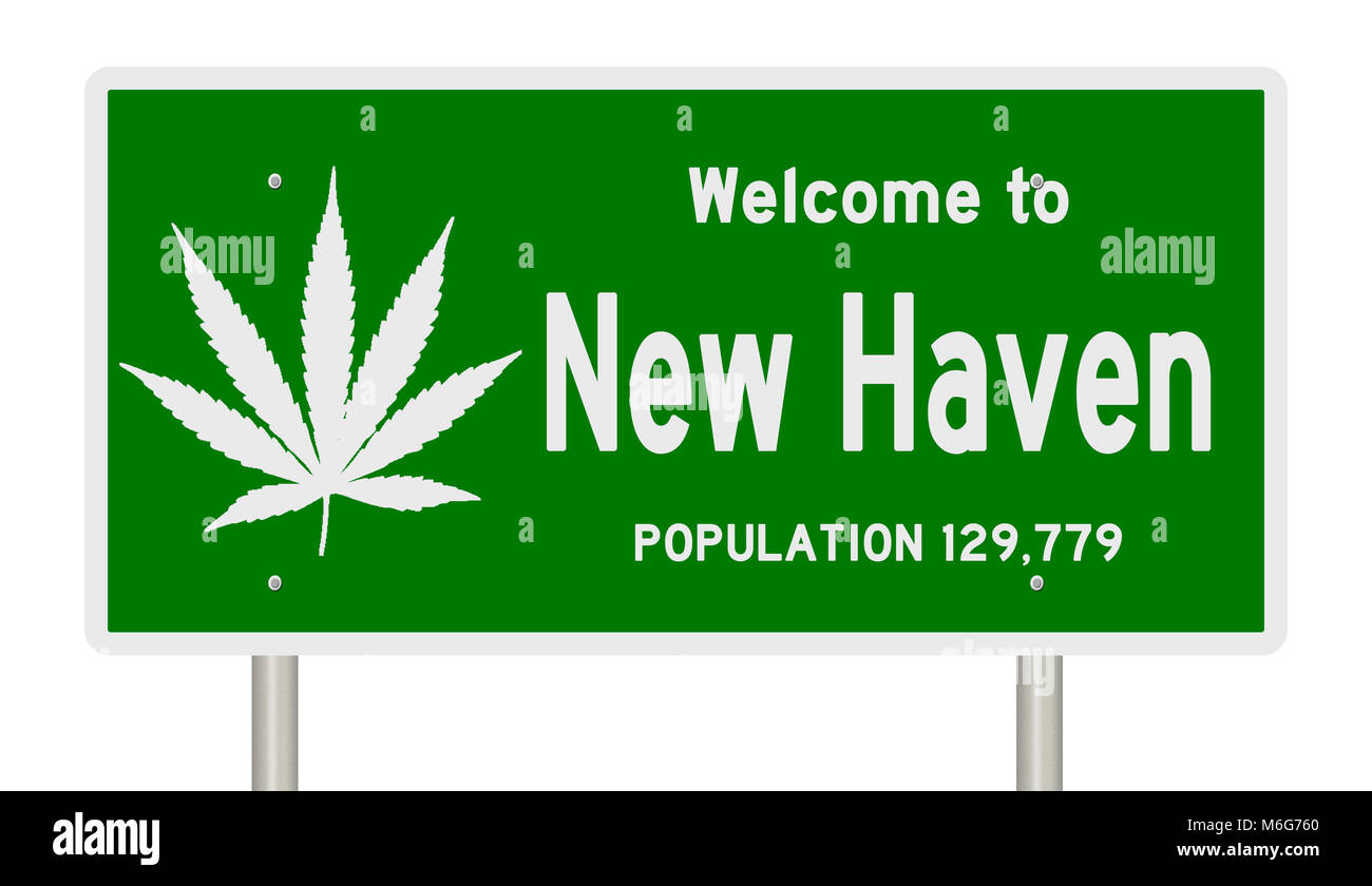 Il rendering di un verde autostrada segno con foglia di marijuana per New Haven Connecticut Foto Stock