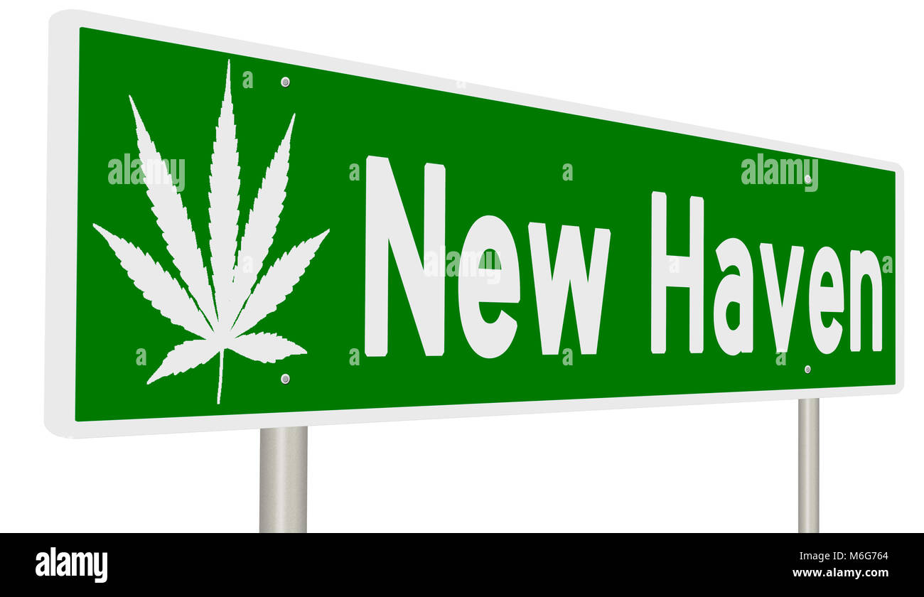 Il rendering di un verde autostrada segno con foglia di marijuana per New Haven Connecticut Foto Stock
