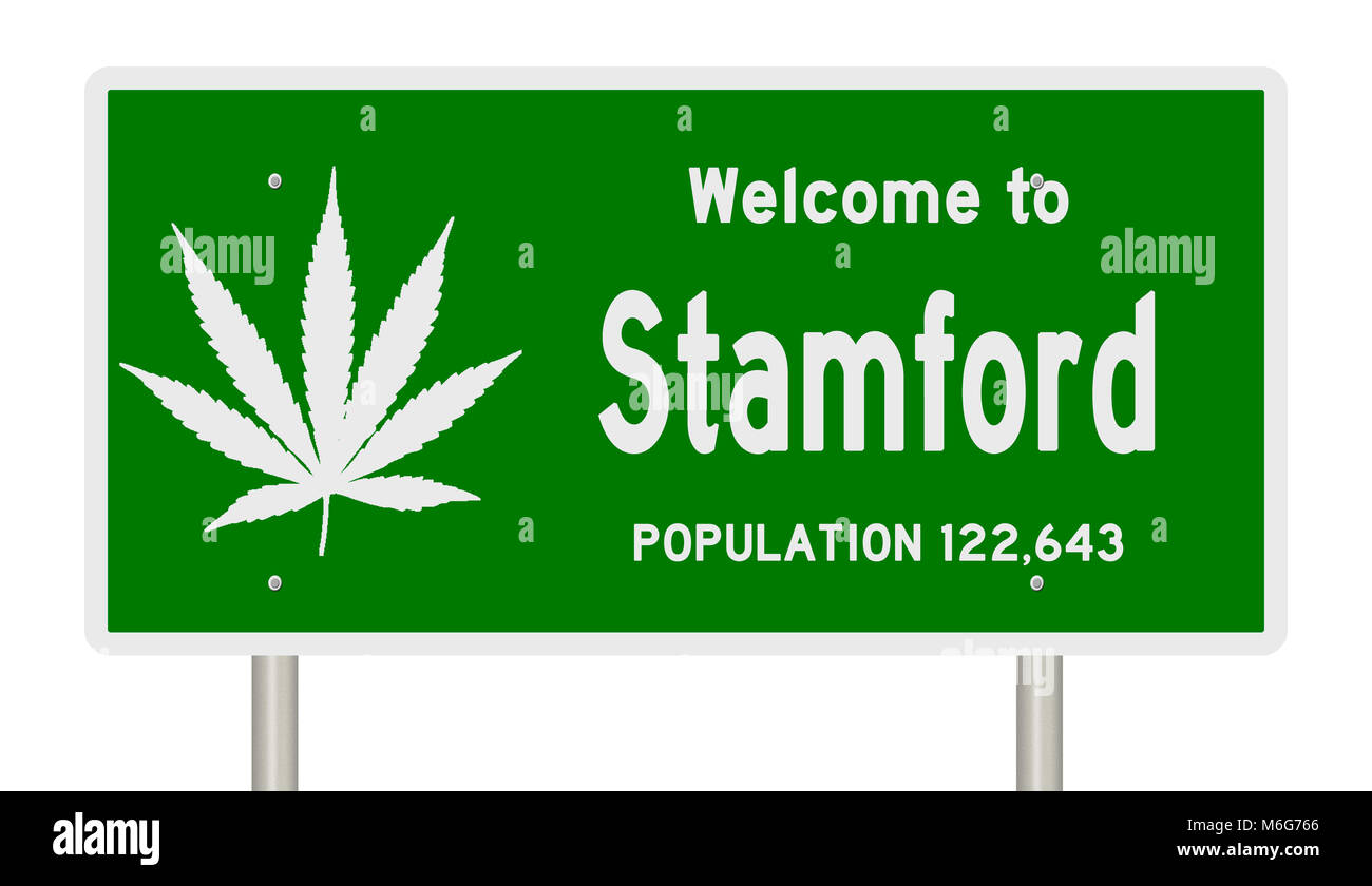 Il rendering di un verde autostrada segno con foglia di marijuana per Stamford Connecticut Foto Stock