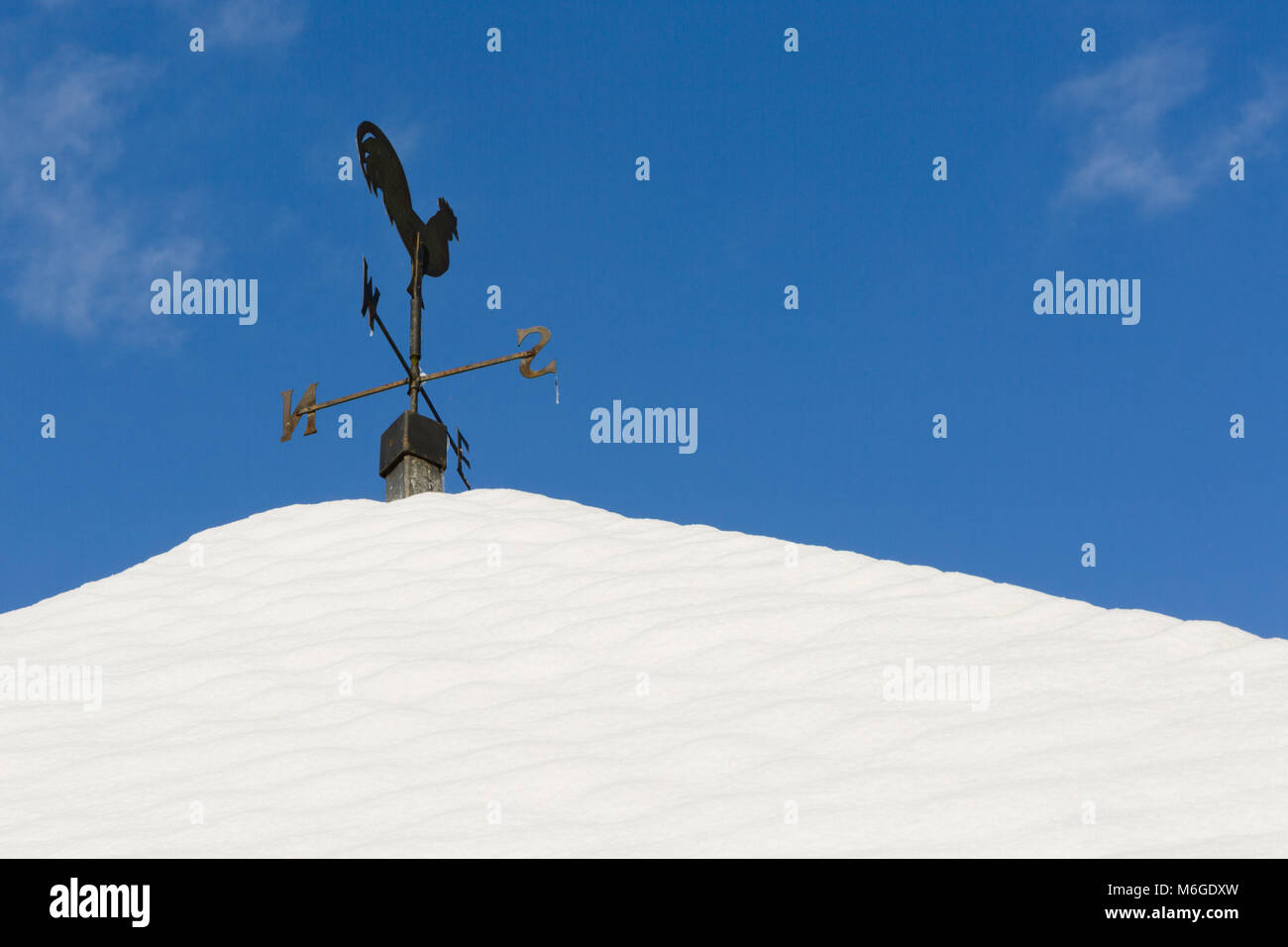 Galletto banderuola rivolta verso est sulla coperta di neve di piastrelle con cielo blu. Foto Stock