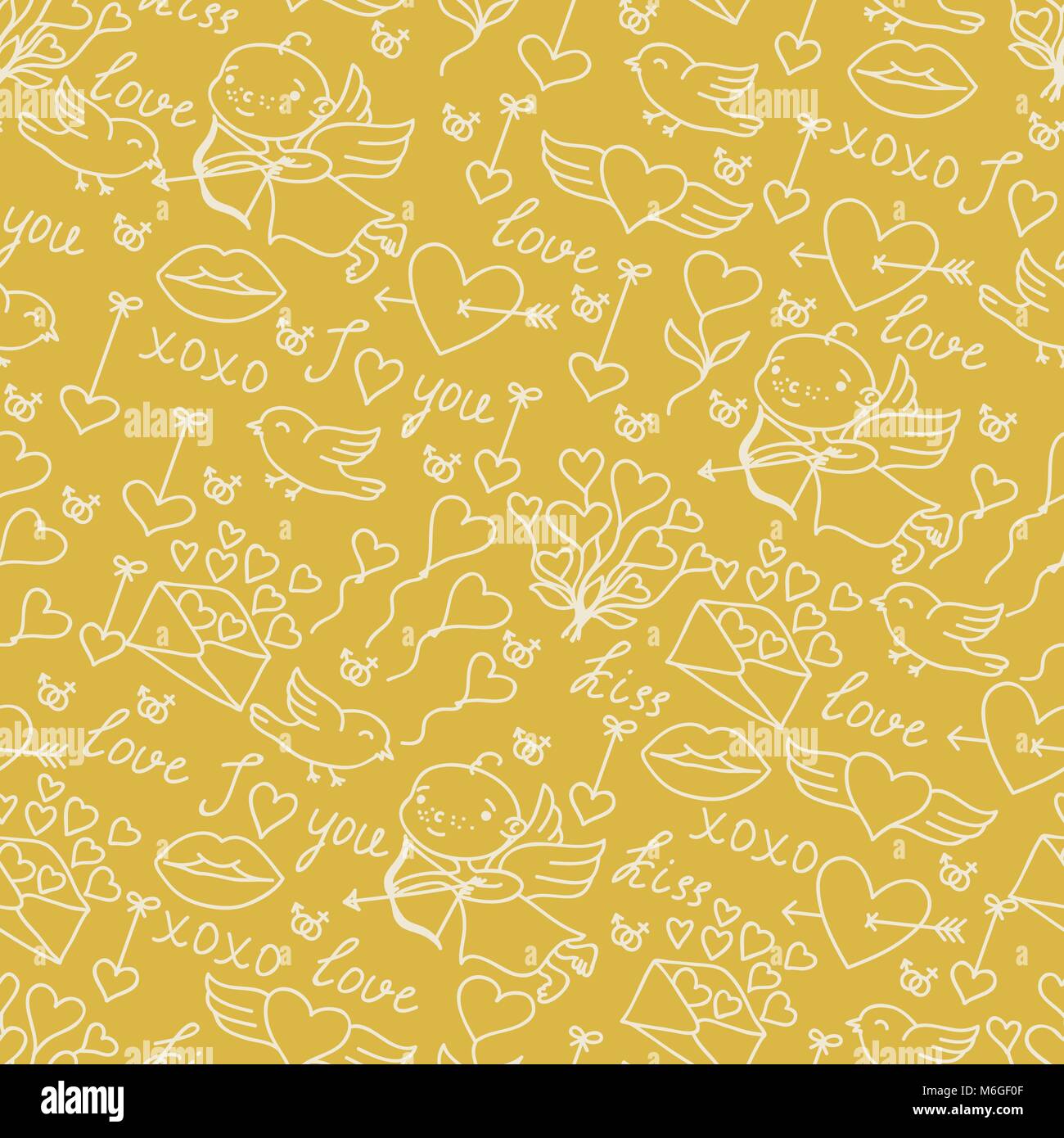 Il giorno di San Valentino bella seamless texture con graziosi scarabocchi Illustrazione Vettoriale