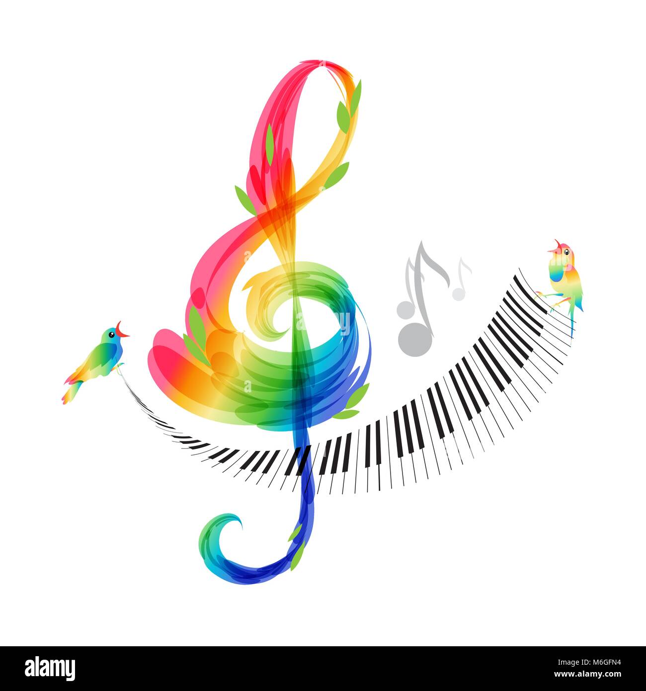 Music design, chiave di violino e pianoforte tastiera su sfondo bianco, illustrazione vettoriale Illustrazione Vettoriale