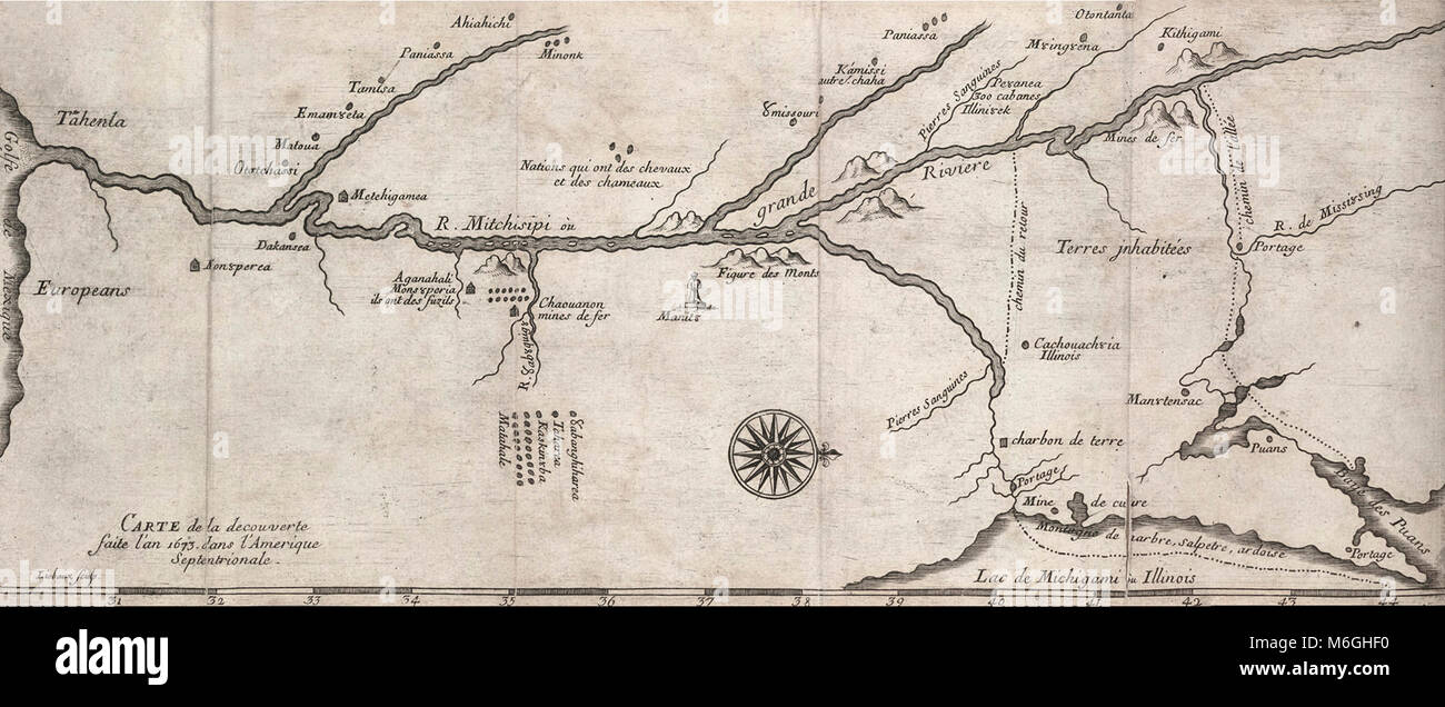 1681 Mappa del fiume Mississippi sistema, basato su 1673 expediton di Jacques Marquette e Louis Jolliet. Questo è uno dei molti primi le mappe realizzate sulla base delle loro descrizioni degli interni del Nord America. Foto Stock