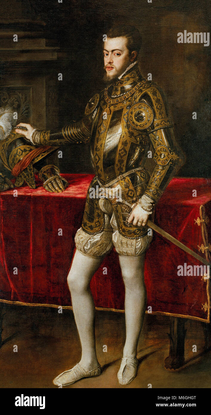 Filippo II in armatura - Ritratto di Re Filippo II di Spagna (1527-1598), che era il figlio dell'imperatore Carlo I di Spagna e l'Imperatrice Elisabetta di Portogallo. Tiziano, 1551 Foto Stock