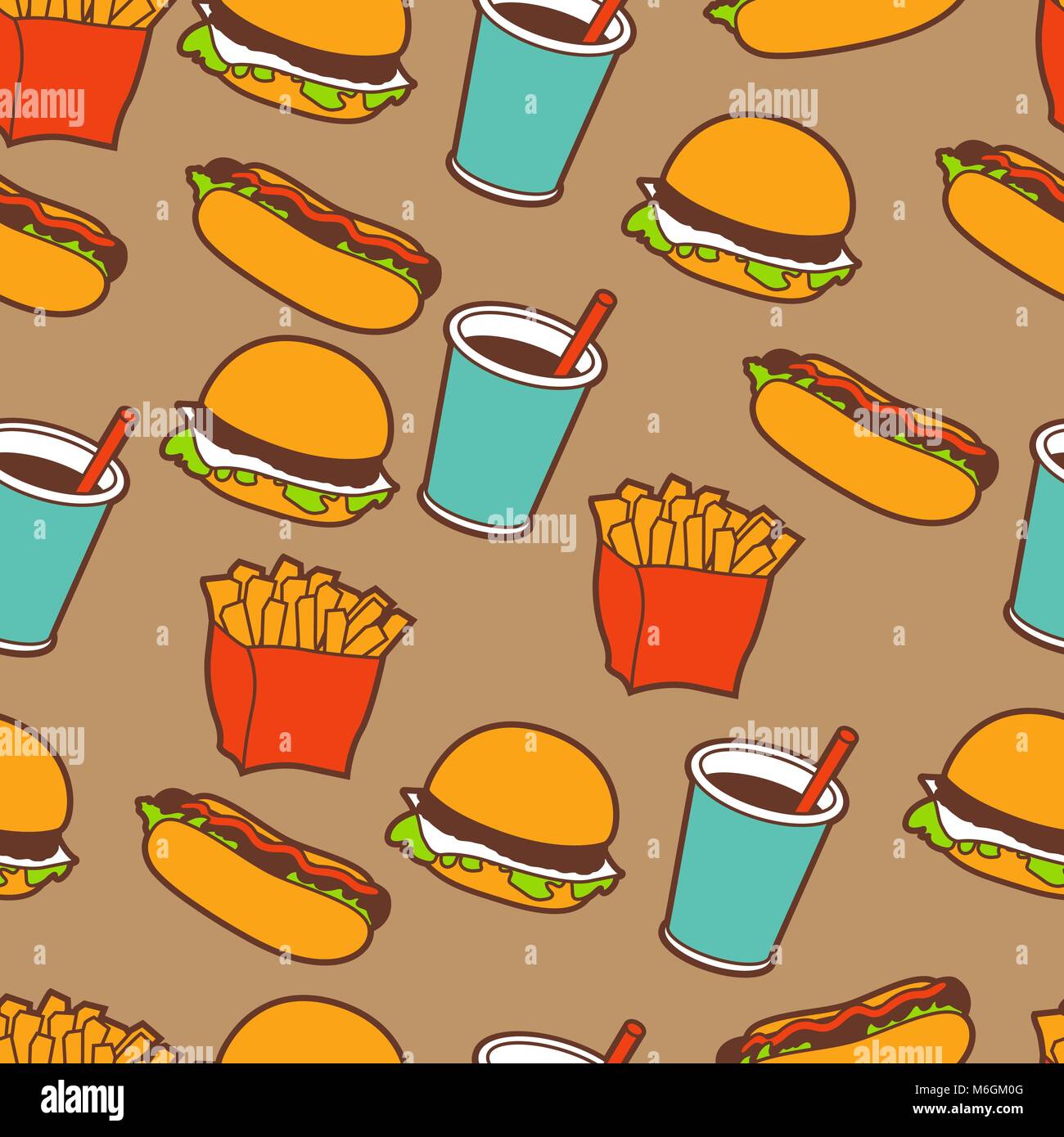 Il fast food seamless pattern in stile retrò Illustrazione Vettoriale