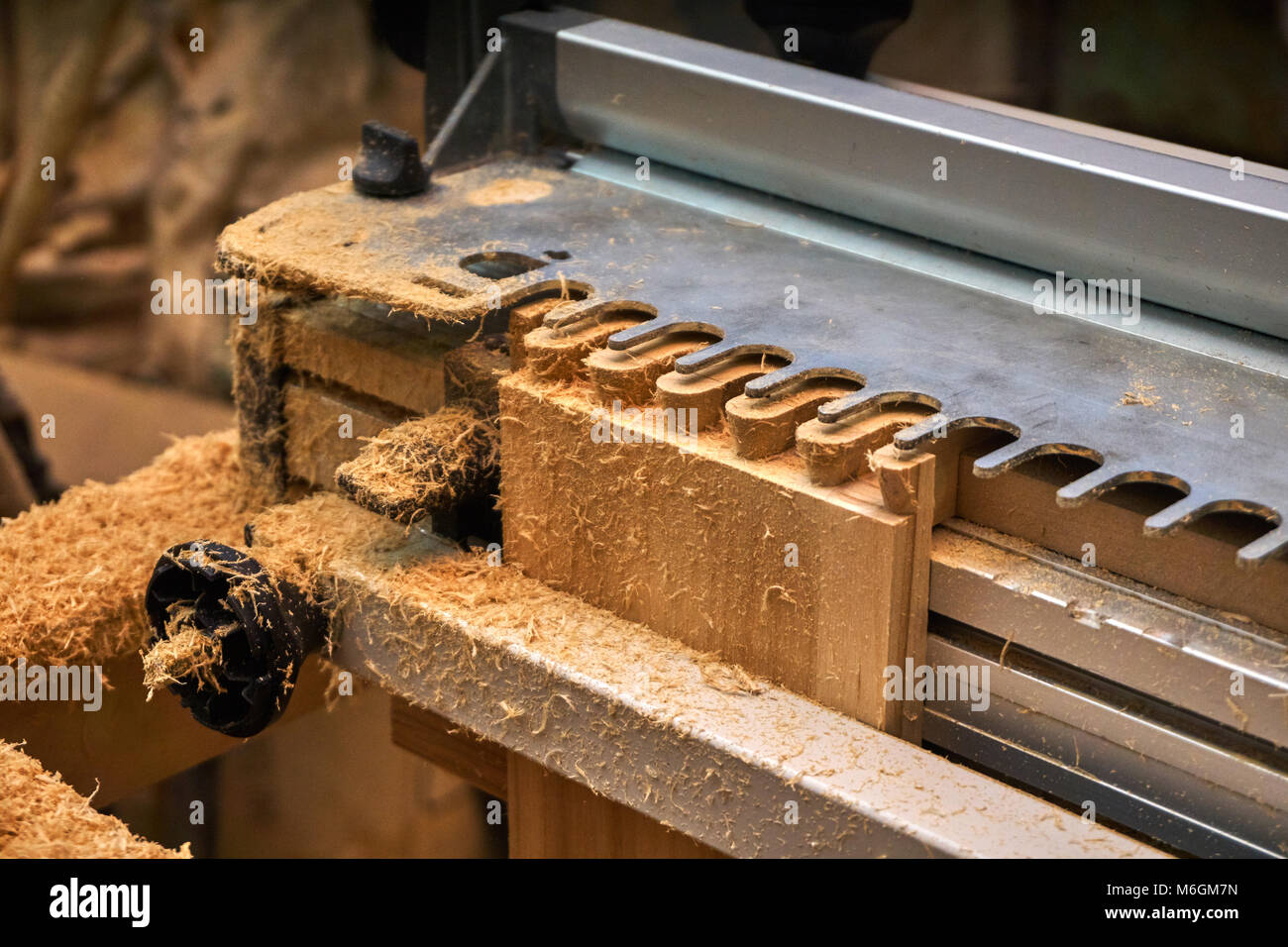 Giunto a coda di rondine. Lavorazione del legno e produzione di carpenteria. Parte di un cassetto in legno realizzato con una fresatrice. Primo piano Foto Stock