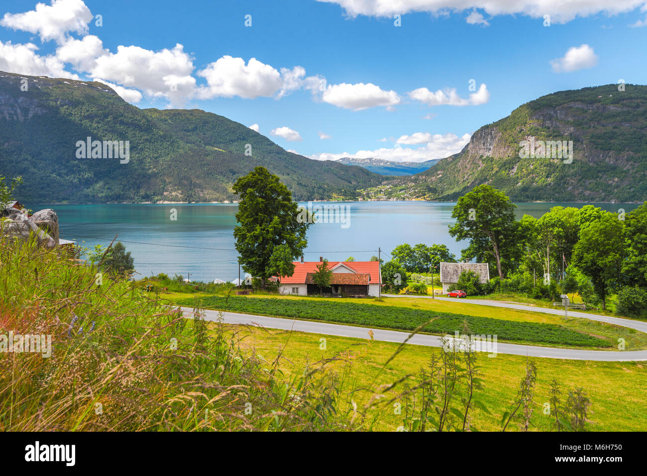 Mare di Ornes dal di sopra, Norvegia, vista su Lustrafjorden a Solvorn, Sognefjorden Foto Stock