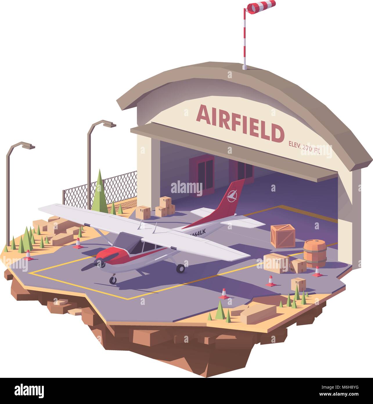Vettore low poly airfield con hangar e aereo Illustrazione Vettoriale