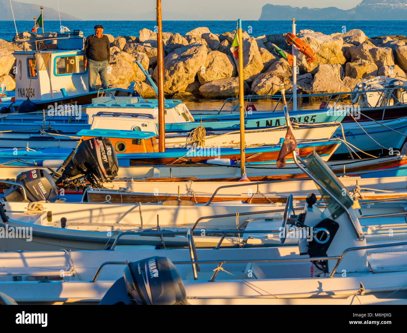 Ormeggiata barche da pesca sull isola d Ischia, Italia Foto Stock