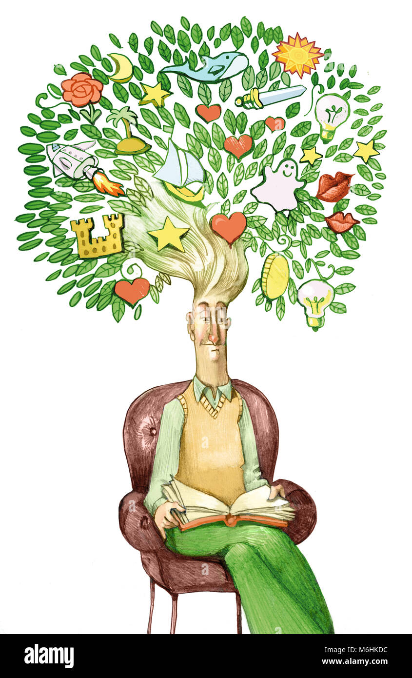 Uomo legge seduto sulla poltrona dai suoi capelli cresce albero pieno di sogni e di pensieri lettura che sviluppa la creatività pensando Foto Stock