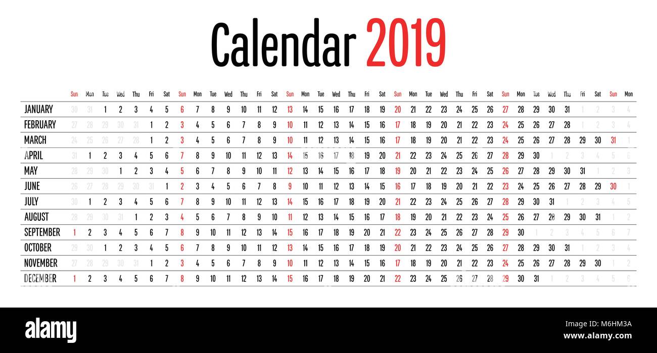 Calendario 2019 Design dimensione orizzontale semplice modello chiara illustrazione vettoriale Illustrazione Vettoriale