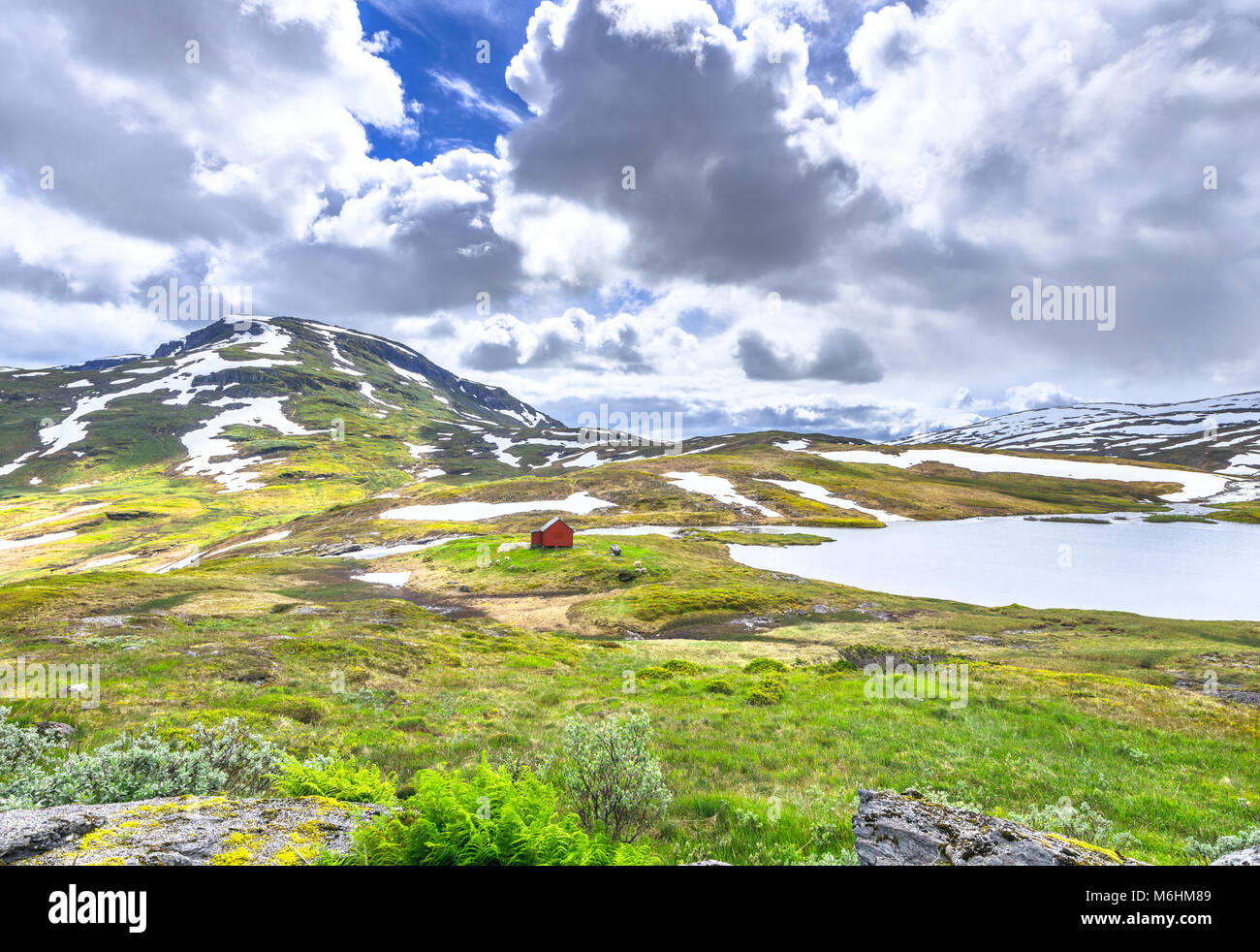 Montagne innevate in Hordaland, Norvegia, panorama con la baita di montagna e lago nella regione Vikafjell Foto Stock