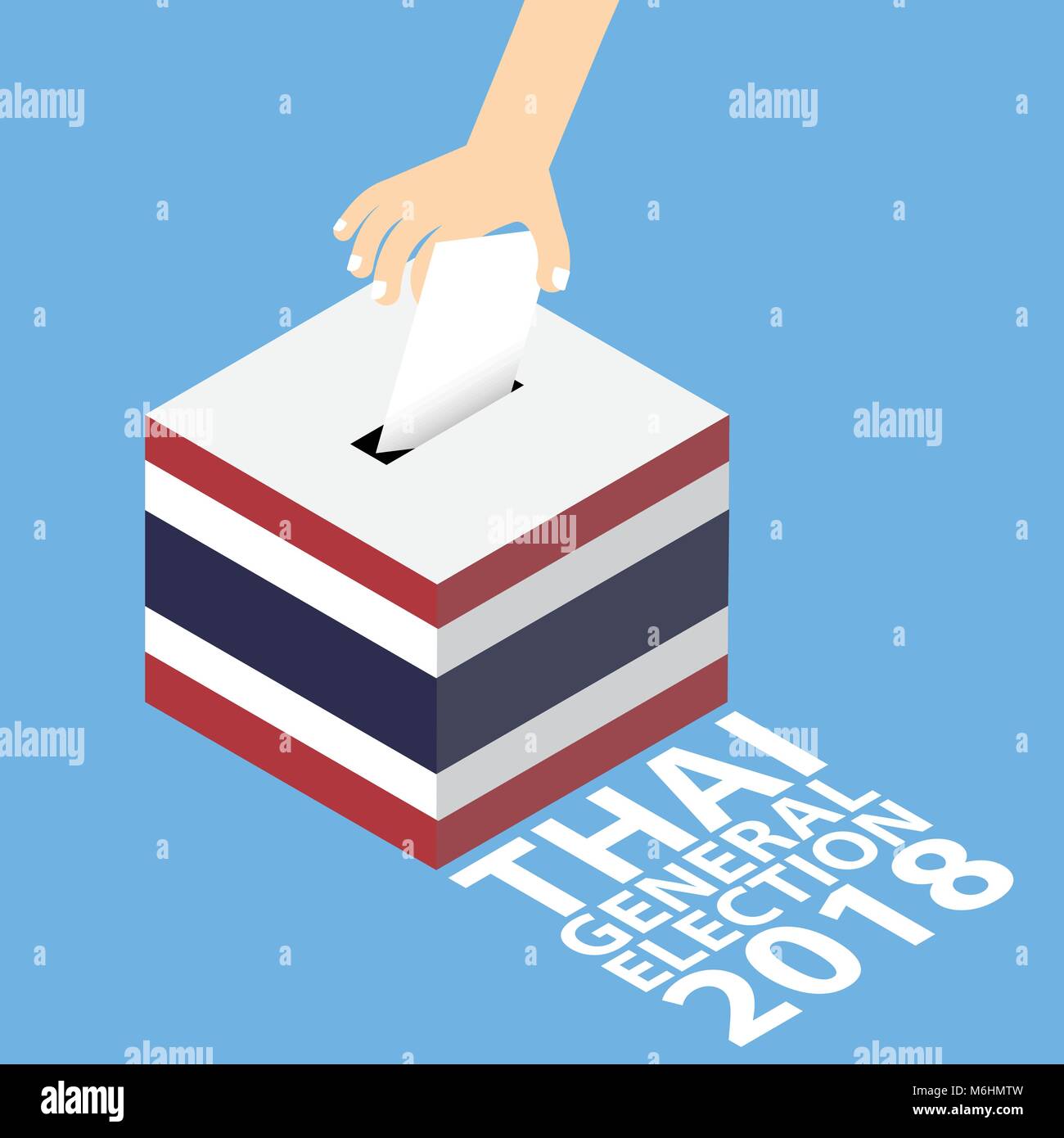 Thai elezione generale 2018 illustrazione vettoriale di tipo piatto - mettendo mano carta di voto in urne Illustrazione Vettoriale