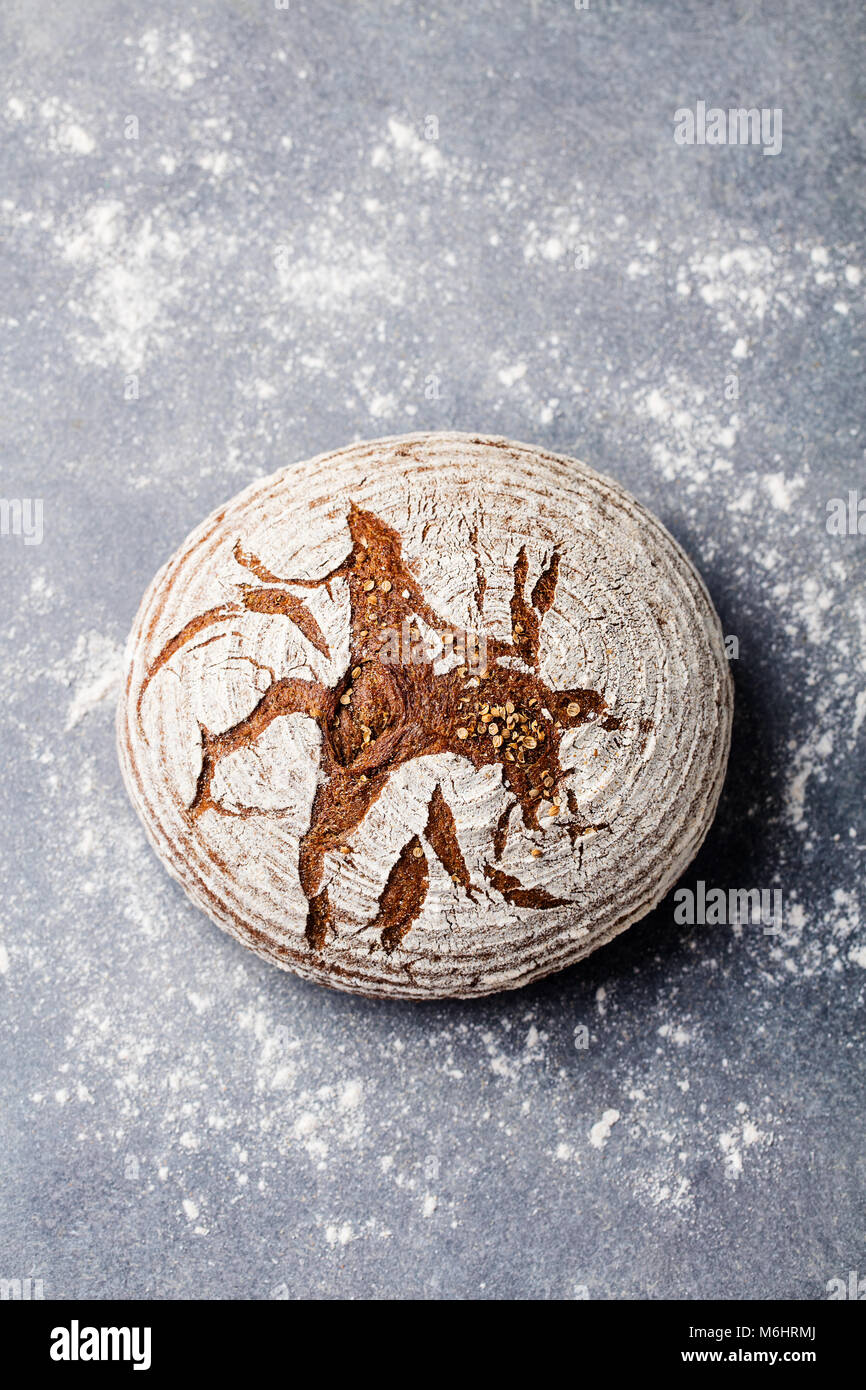 Pane di segale, grano intero su un livello di grigio ardesia sfondo. Vista dall'alto. Foto Stock
