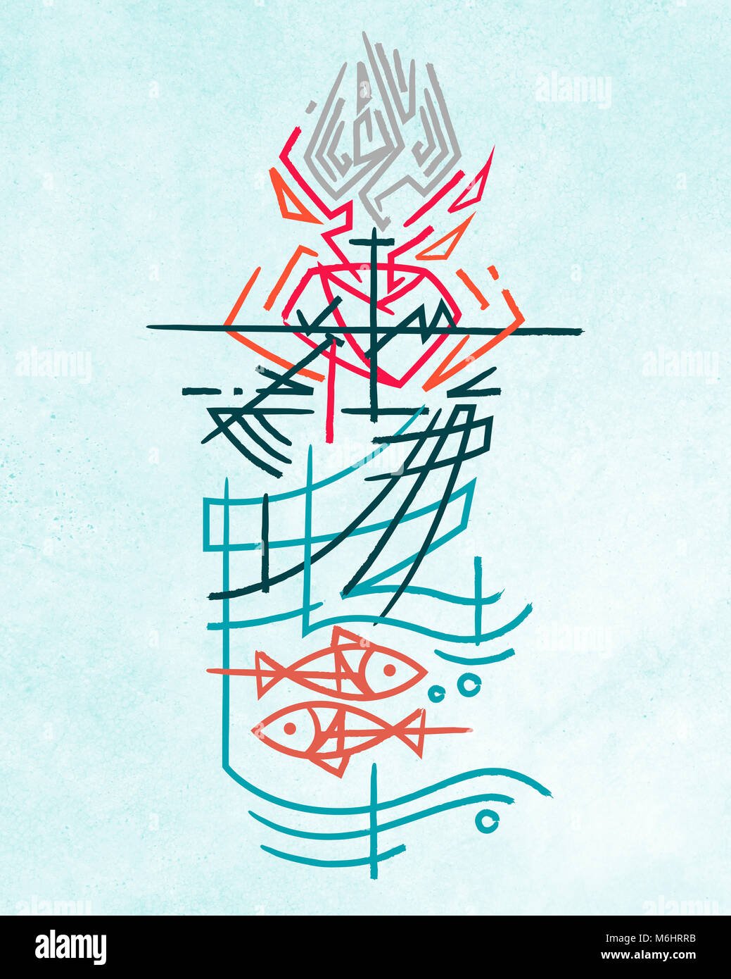 Disegnata a mano immagine o disegno di alcuni religiosi simboli cristiani Foto Stock