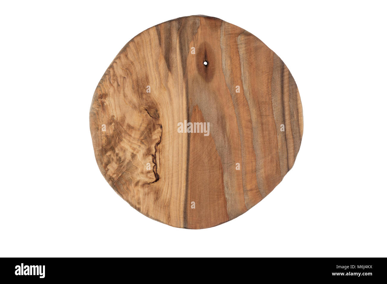 Scheda rotonda di legno con un foro e crepe. Texture di legno Foto Stock
