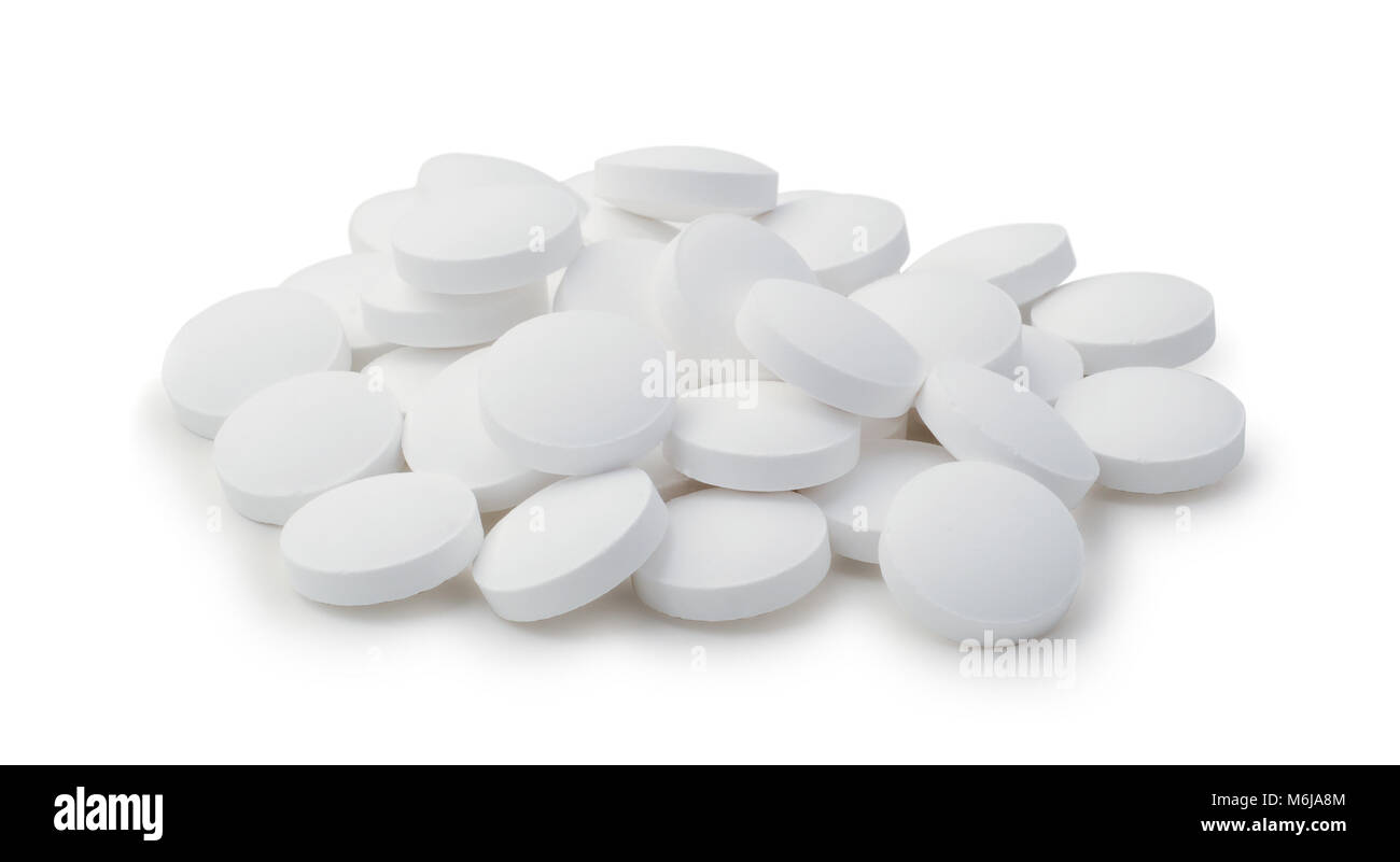 Pila di pillole isolati su sfondo bianco Foto Stock
