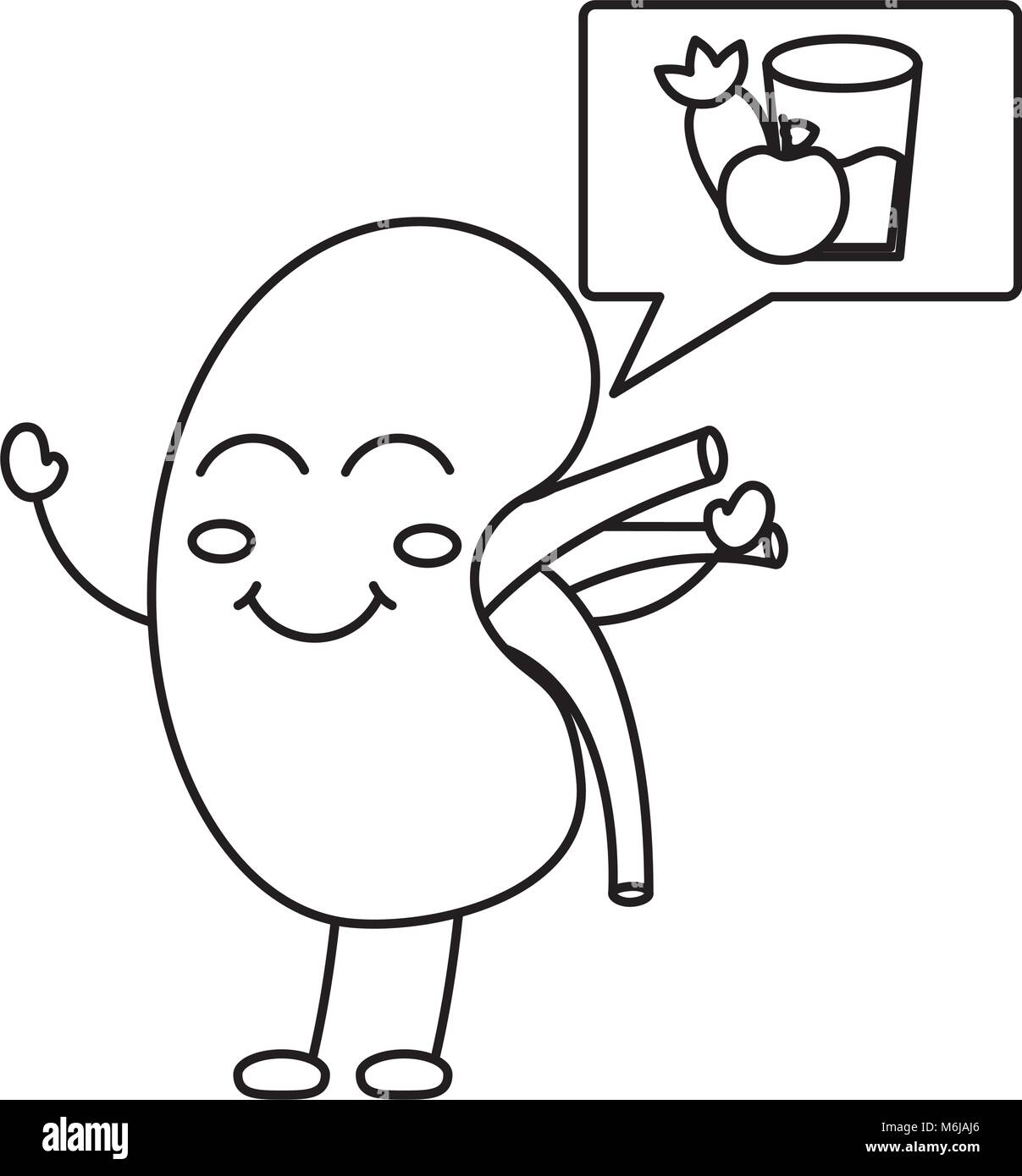 Cartoon felice di rene umano con discorso bolla cibo sano Illustrazione Vettoriale