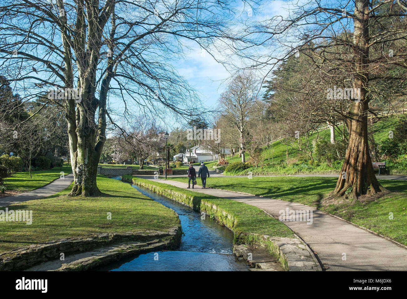 Un flusso che scorre attraverso Trenance Gardens in Newquay Cornwall. Foto Stock