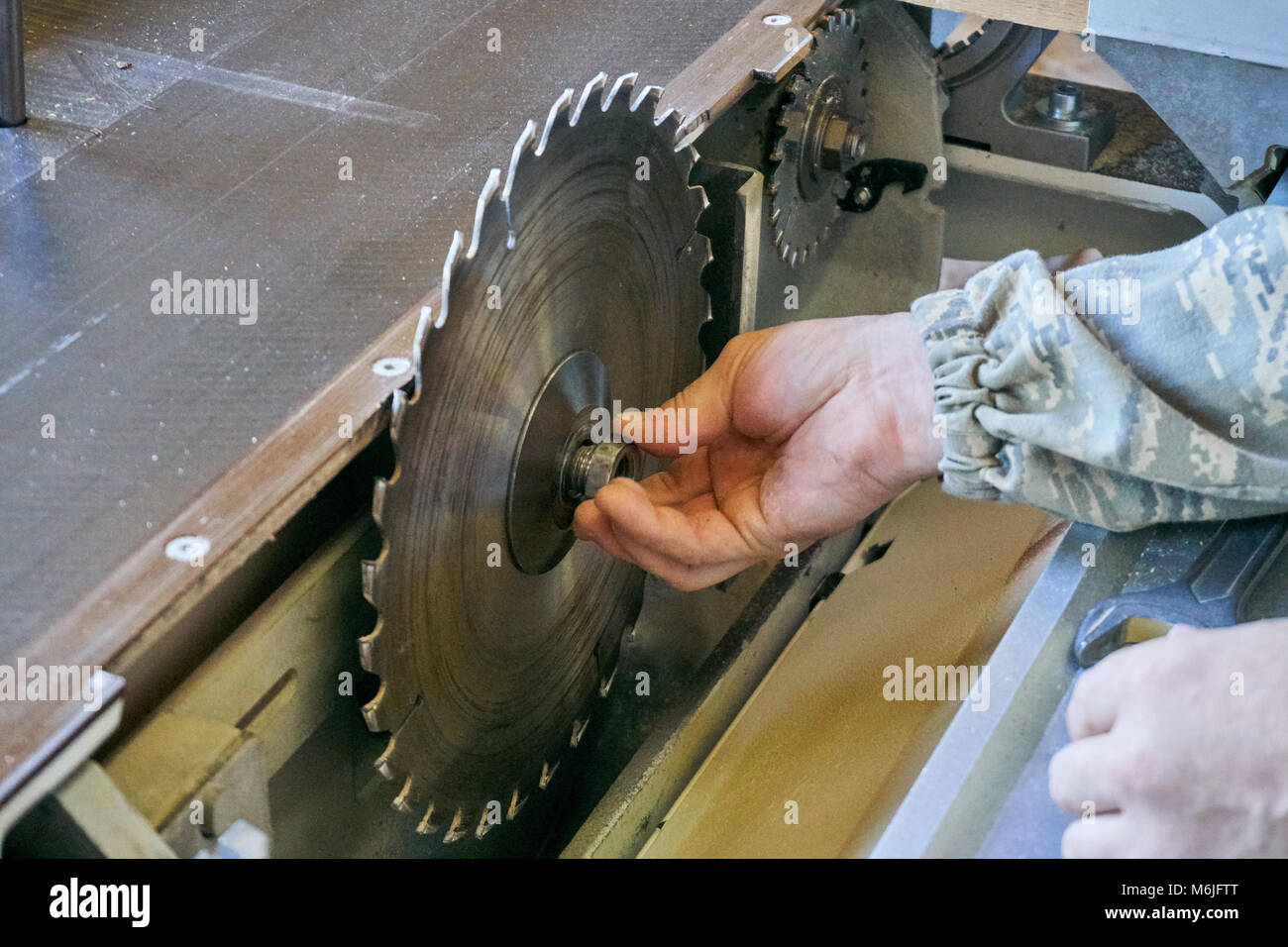 Il carpentiere non riconoscibile imposta la lama per sega da tavolo per legno mentre lavora in officina professionale Foto Stock