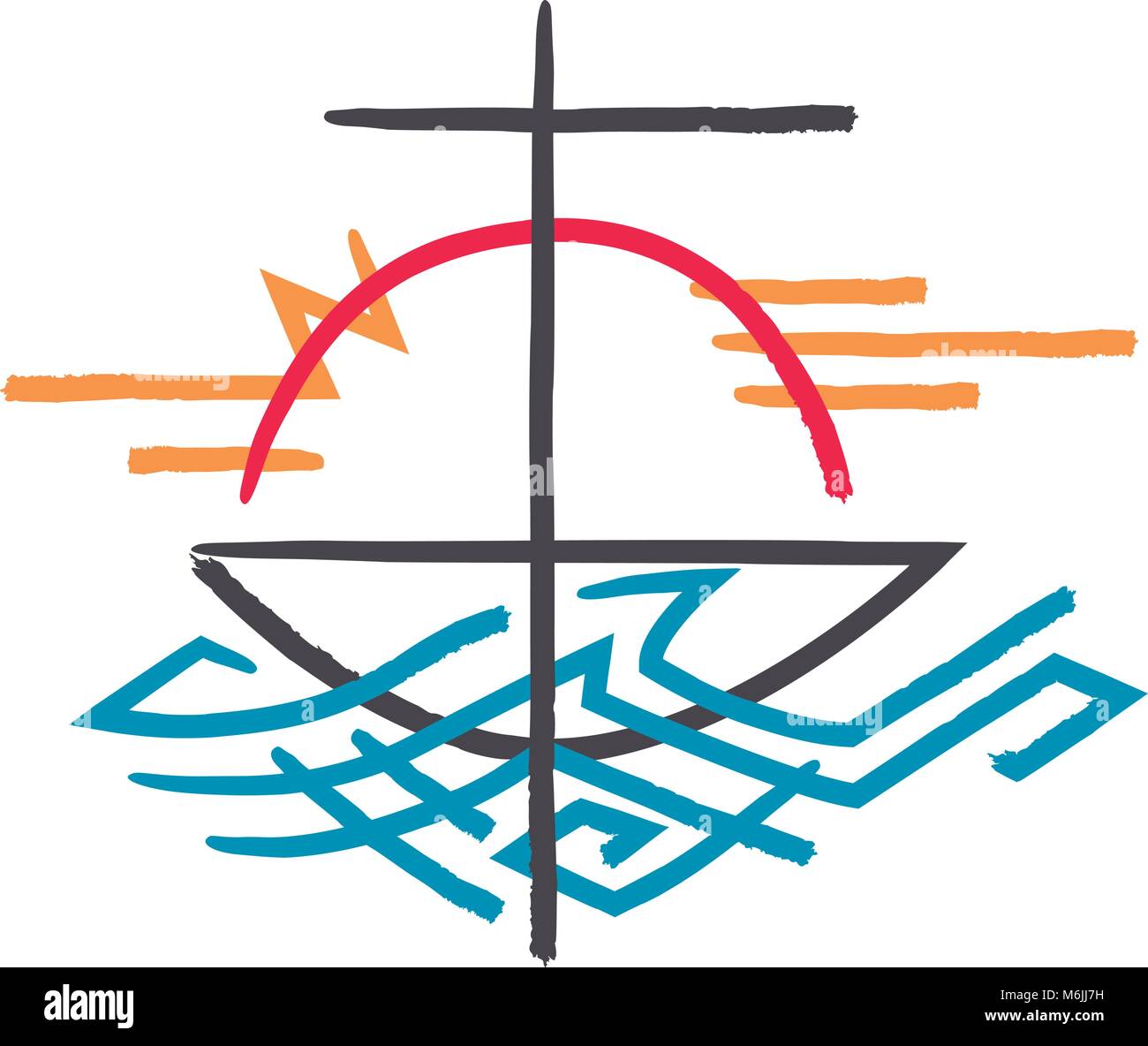 Disegnata a mano illustrazione vettoriale o di disegno di un Croce religiosa, barca e simbolo del mare Illustrazione Vettoriale