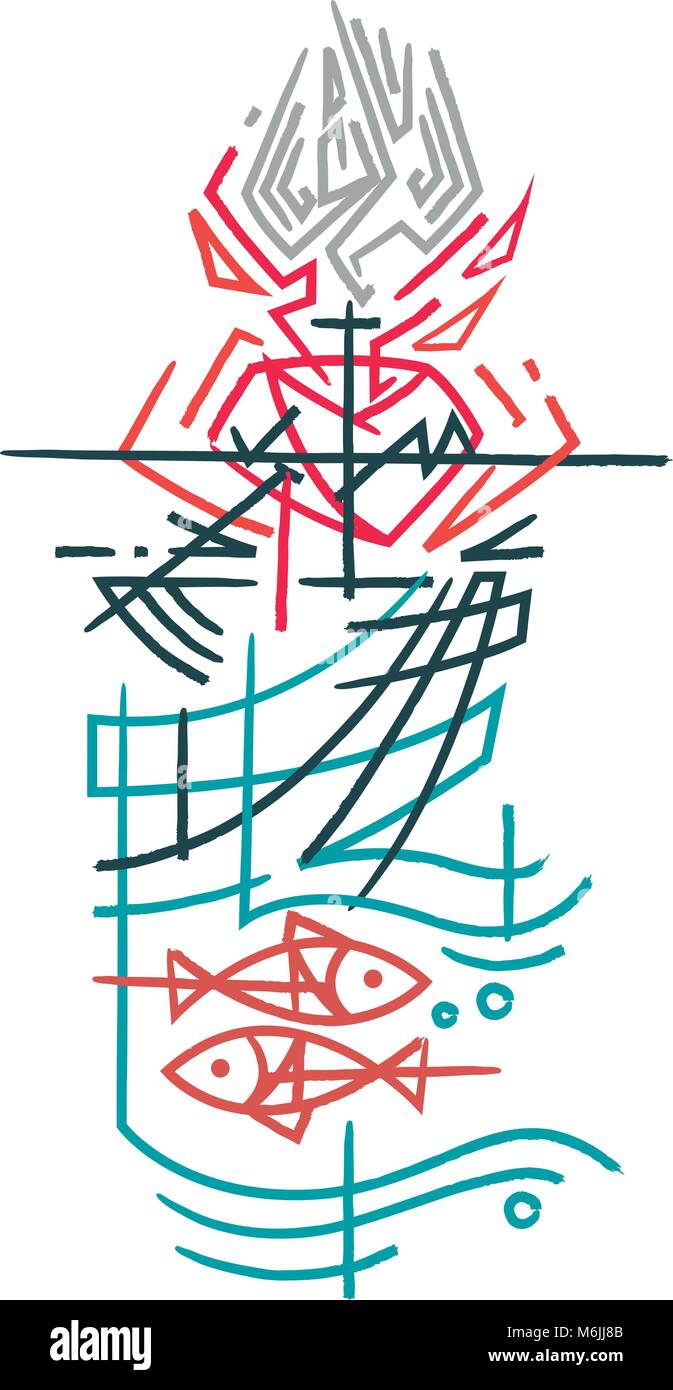 Disegnata a mano illustrazione vettoriale o di disegno di alcuni religiosi simboli cristiani Illustrazione Vettoriale