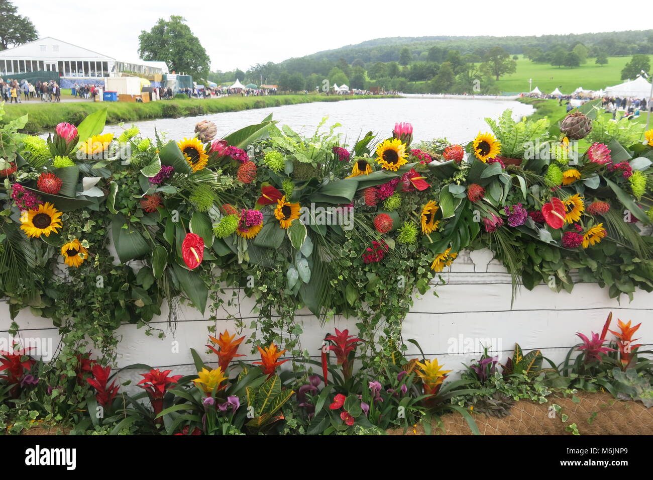 I colori vivaci e texture di fiori, foglie e seedheads su Jonathan Moseley del ponte palladiano della RHS Chatsworth Flower Show, Giugno 2017 Foto Stock